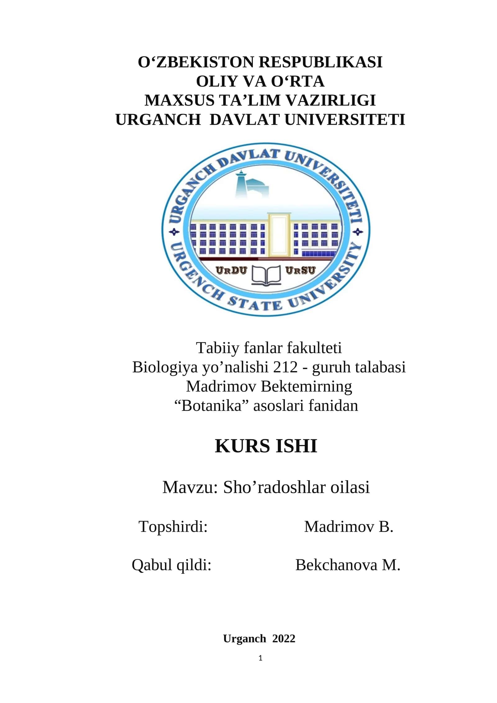 Sho’radoshlar oilasi KURS ISHI