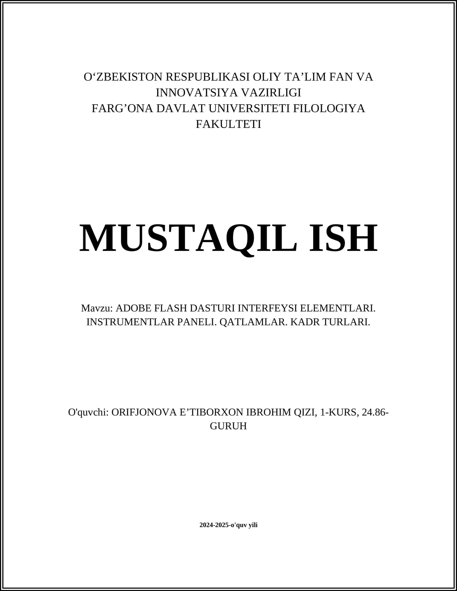 ADOBE FLASH DASTURI INTERFEYSI ELEMENTLARI