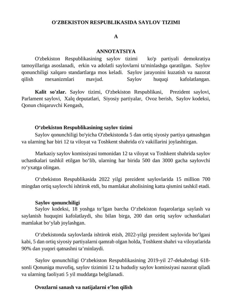 O'ZBEKISTON RESPUBLIKASIDA SAYLOV TIZIMI