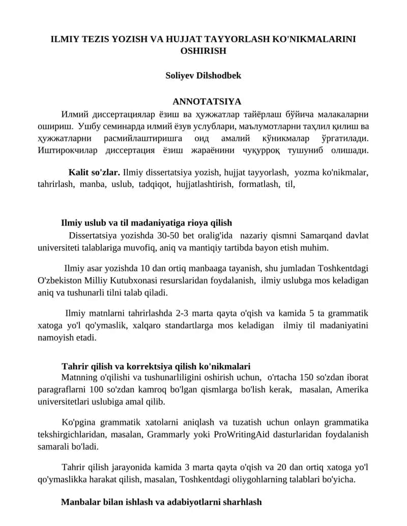 ILMIY TEZIS YOZISH VA HUJJAT TAYYORLASH KO'NIKMALARINI OSHIRISH