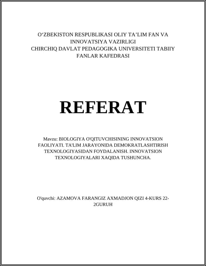 BIOLOGIYA O'QITUVCHISINING INNOVATSION FAOLIYATI