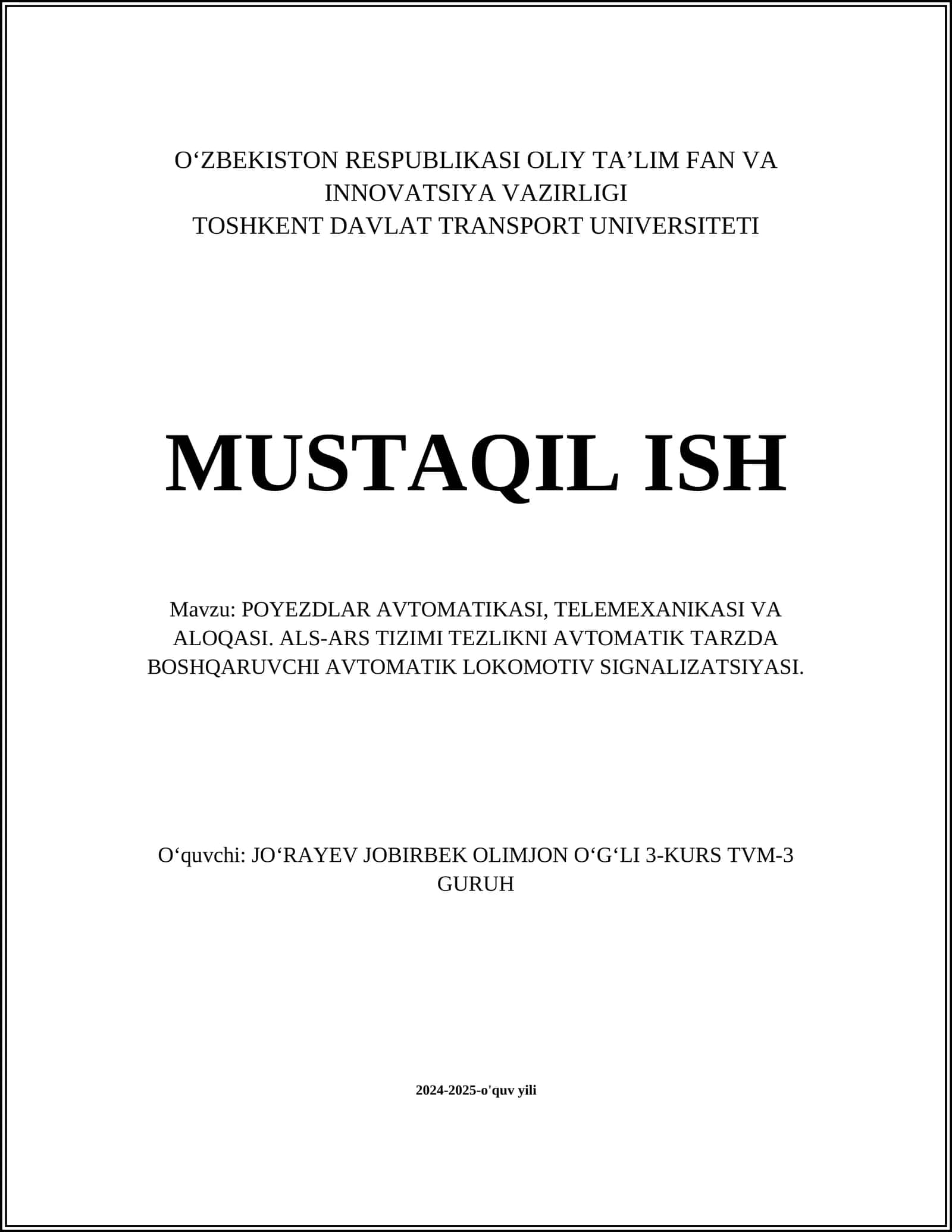 POYEZDLAR AVTOMATIKASI, TELEMEXANIKASI VA ALOQASI. ALS-ARS TIZIMI TEZLIKNI AVTOMATIK TARZDA BOSHQARUVCHI AVTOMATIK LOKOMOTIV SIGNALIZATSIYASI