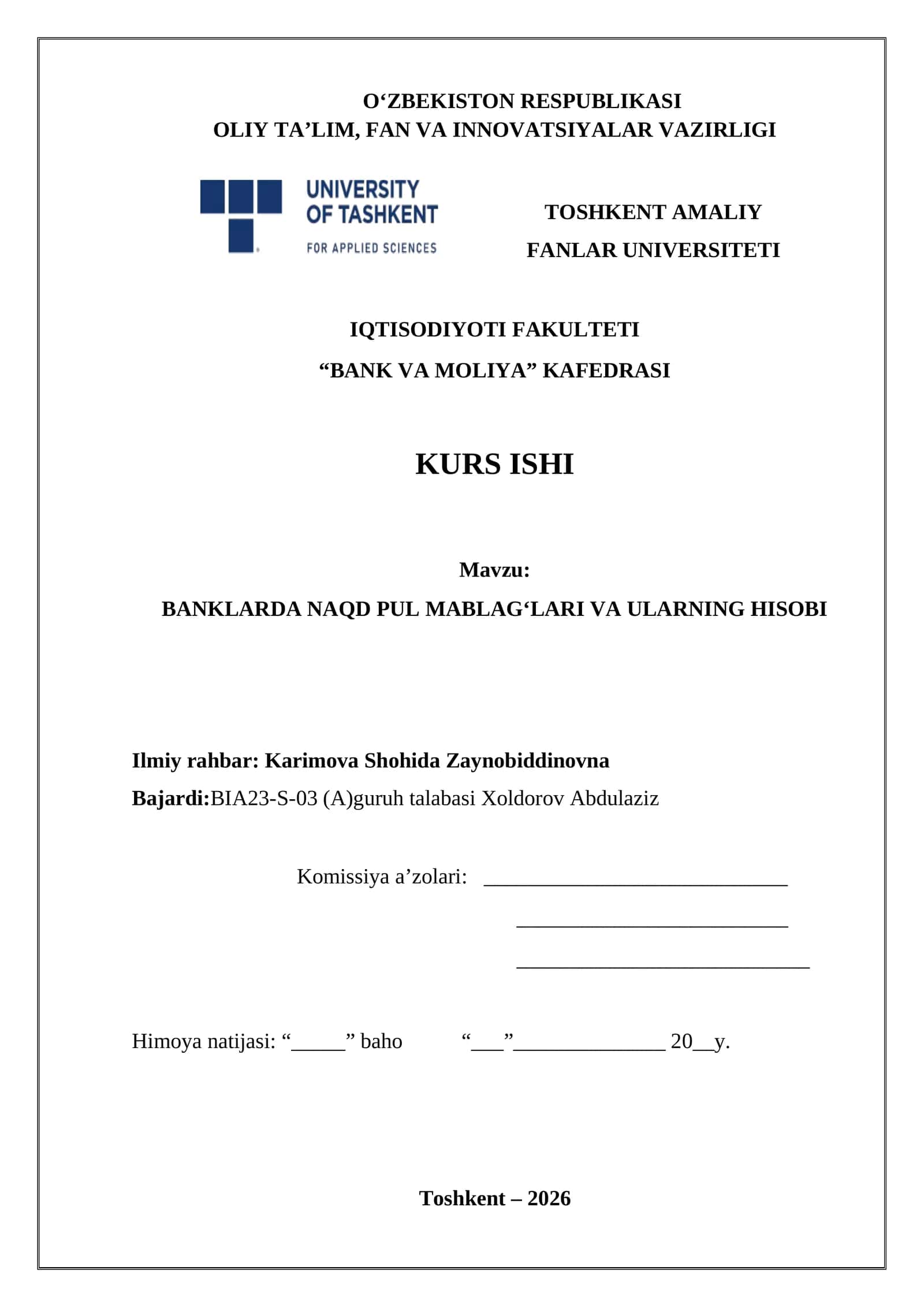 BANKLARDA NAQD PUL MABLAG‘LARI VA ULARNING HISOBI