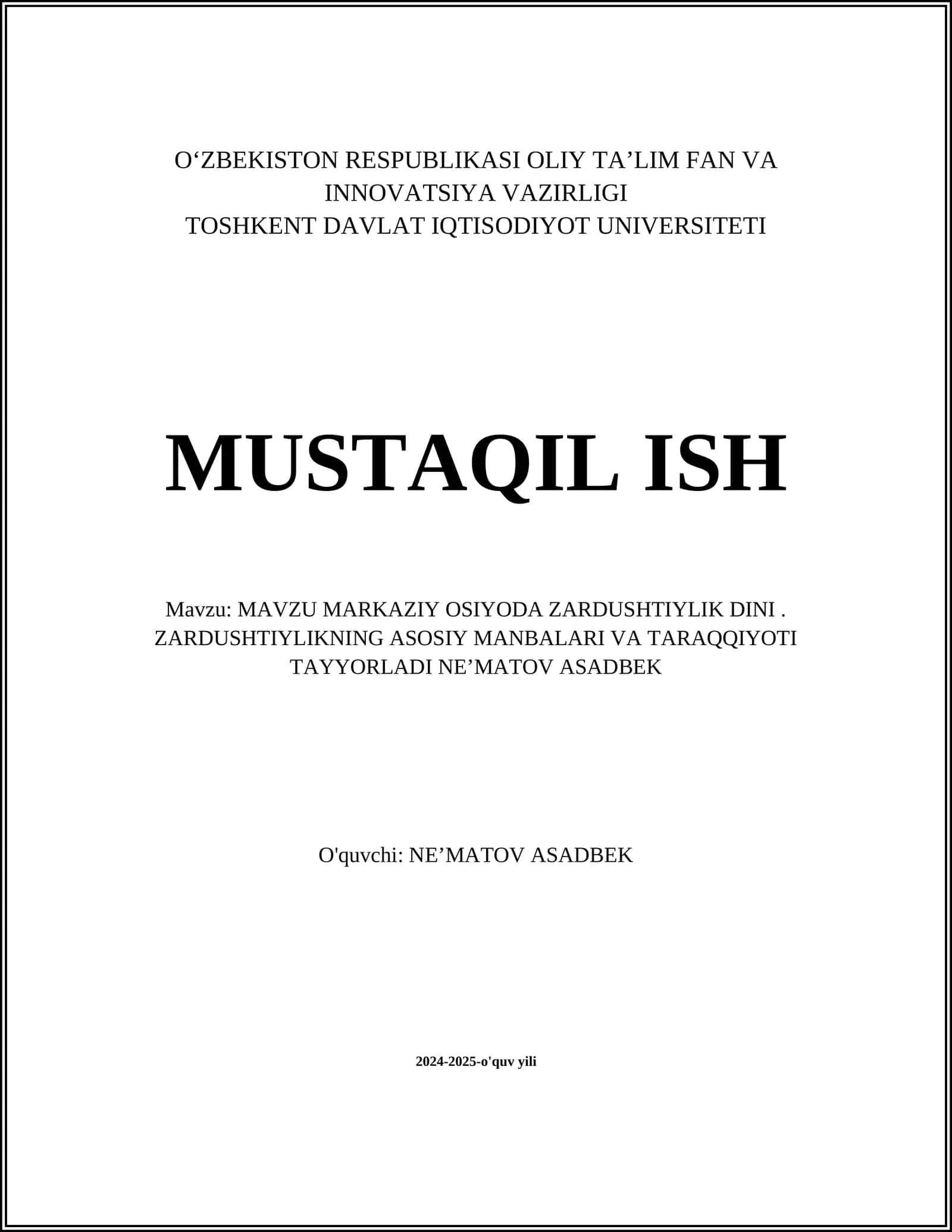 MAVZU MARKAZIY OSIYODA ZARDUSHTIYLIK DINI