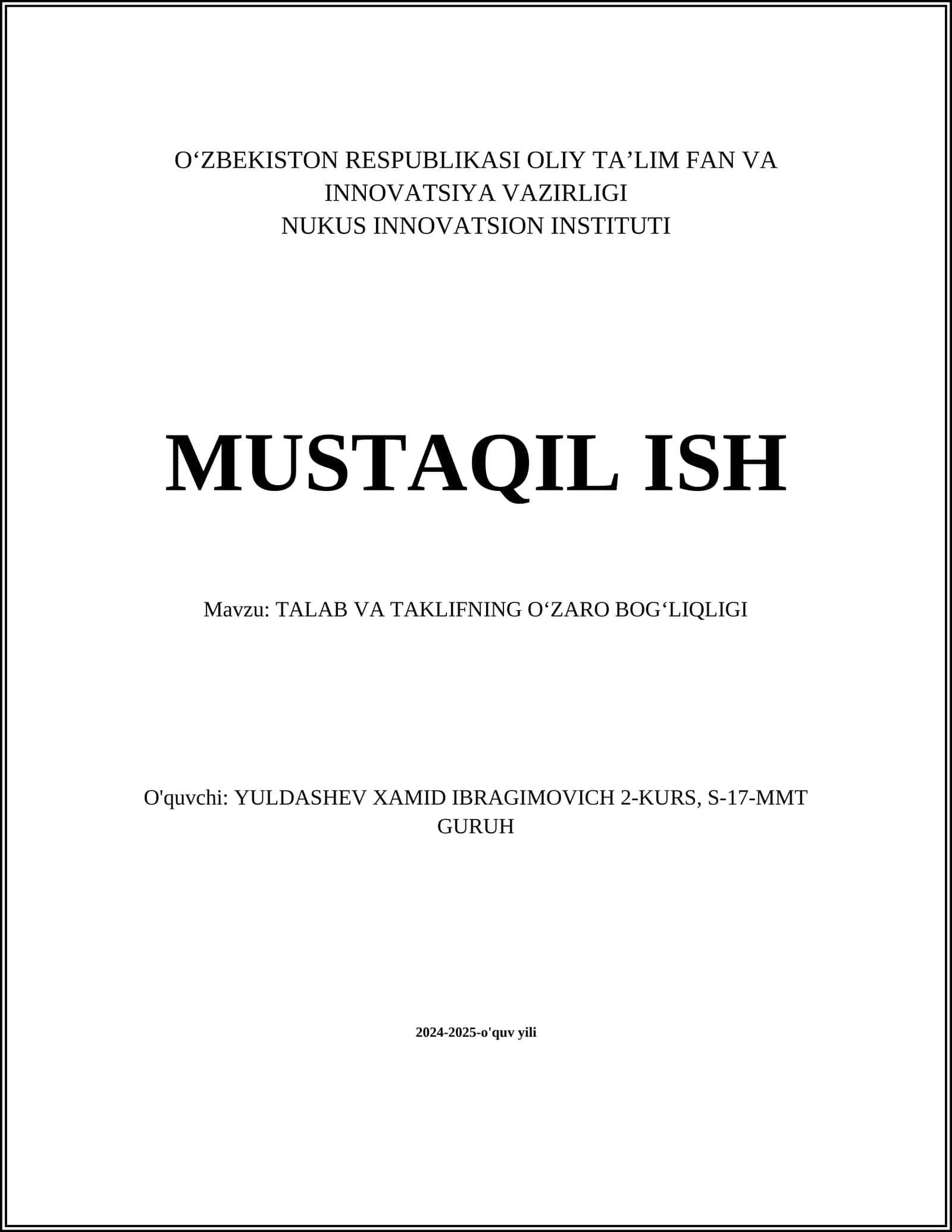 TALAB VA TAKLIFNING O‘ZARO BOG‘LIQLIGI