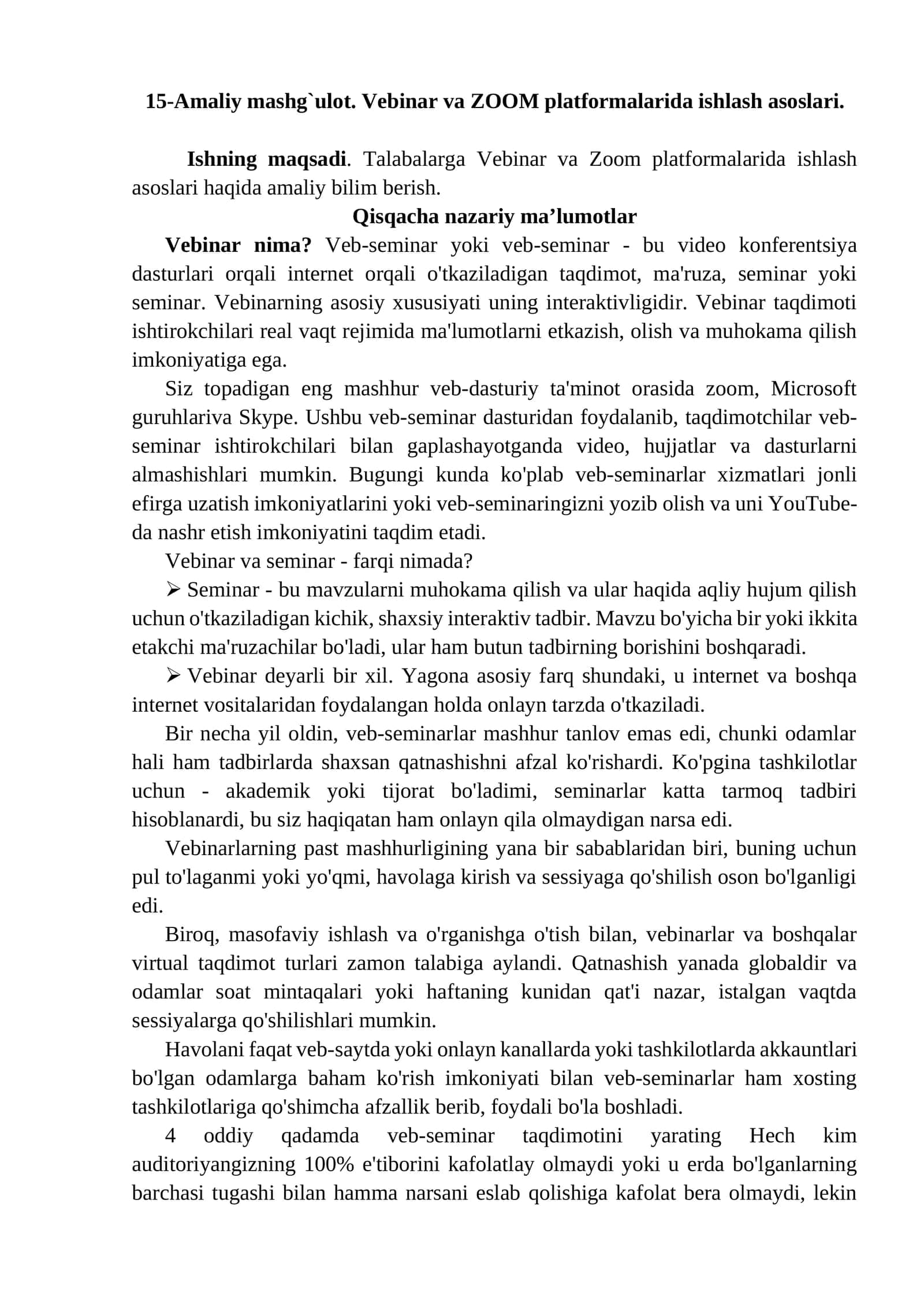 15-Amaliy mashg`ulot. Vebinar va ZOOM platformalarida ishlash asoslari
