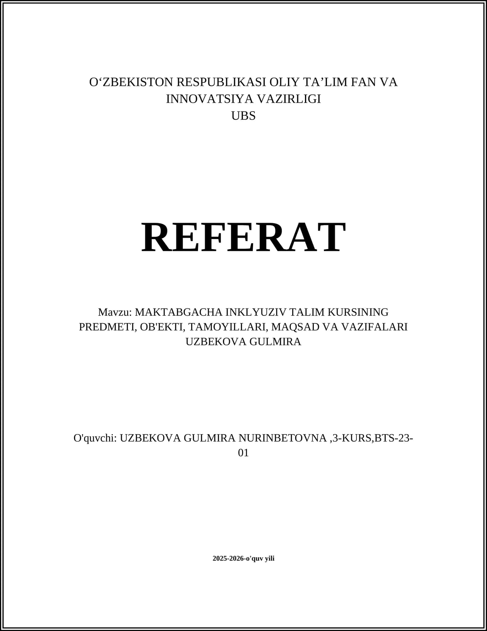 MAKTABGACHA INKLYUZIV TALIM KURSI