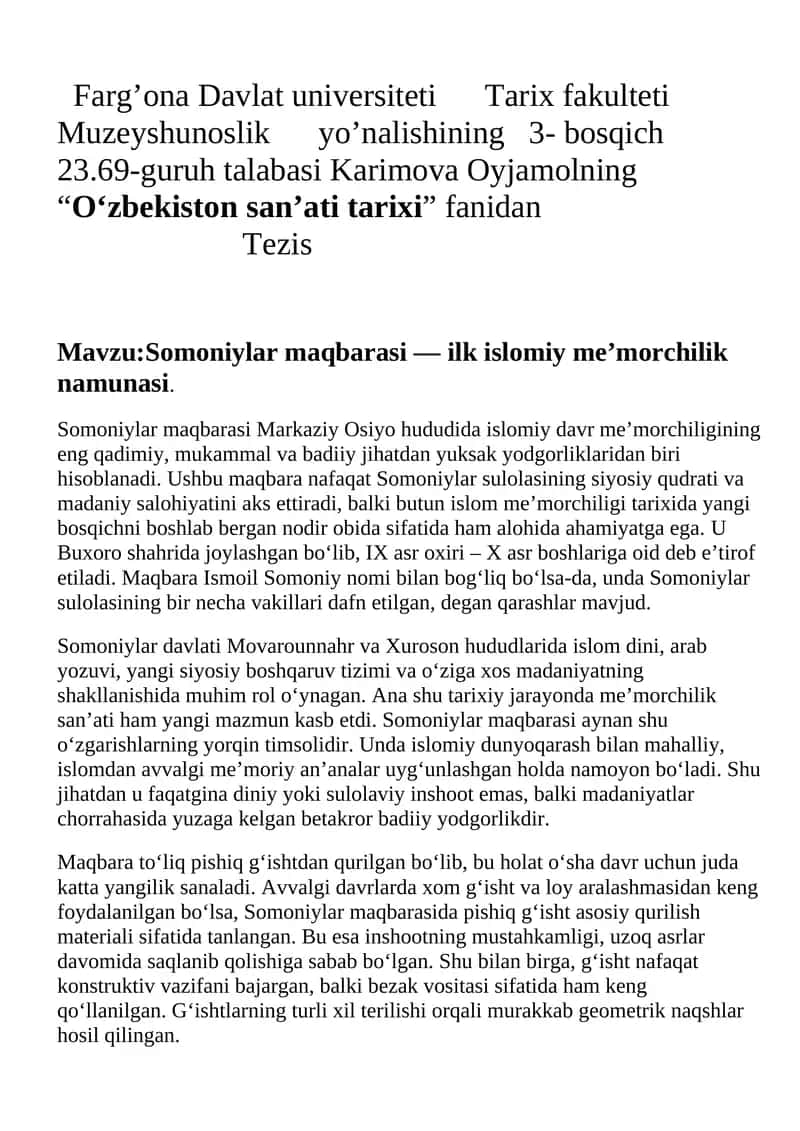 Somoniylar maqbarasi — ilk islomiy me’morchilik namunasi.