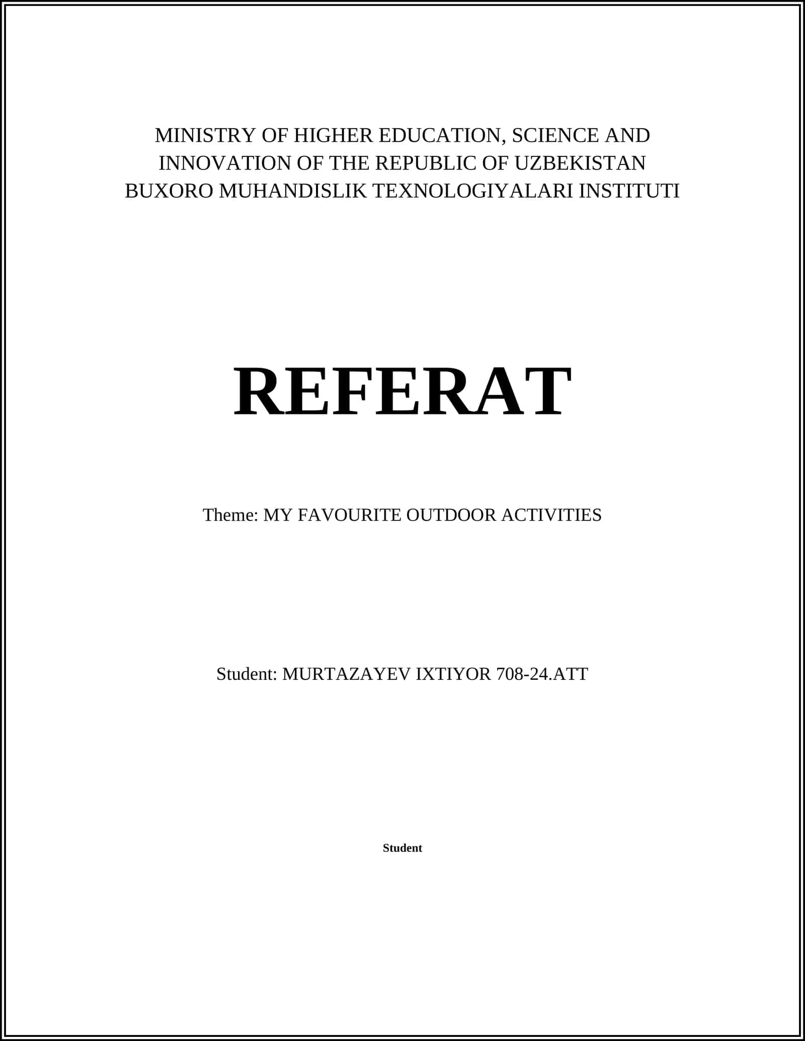 REFERAT - MY FAVOURITE OUTDOOR ACTIVITIES