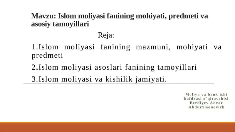 Islom moliyasi fanining mohiyati, predmeti va asosiy tamoyillari