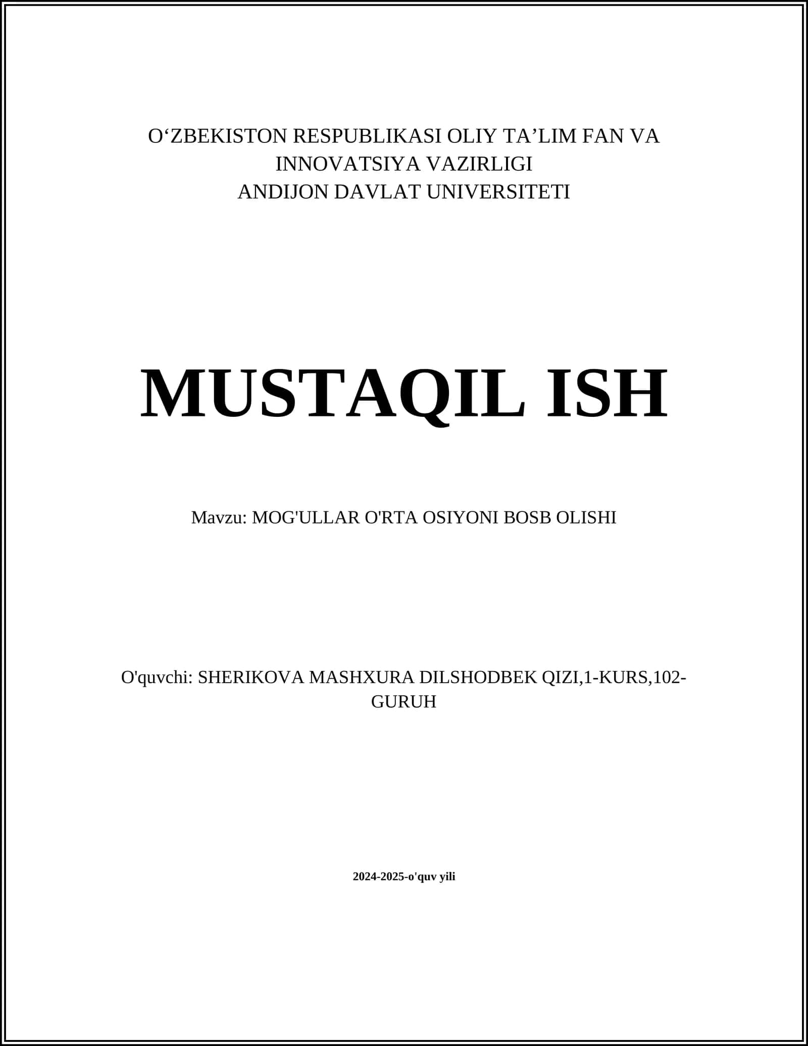 MOG'ULLAR O'RTA OSIYONI BOSB OLISHI