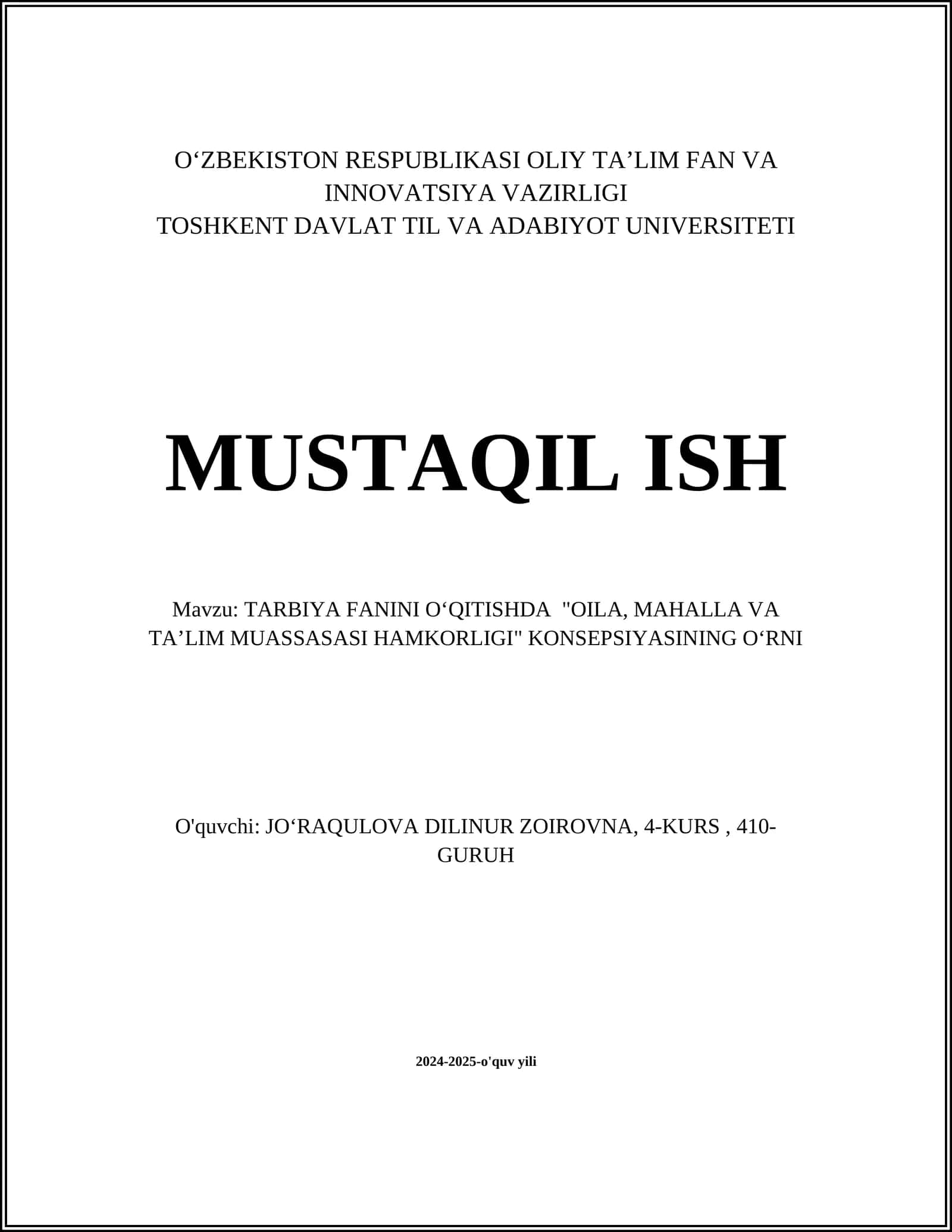 TARBIYA FANINI OʻQITISHDA "OILA, MAHALLA VA TAʼLIM MUASSASASI HAMKORLIGI" KONSEPSIYASINING OʻRNI