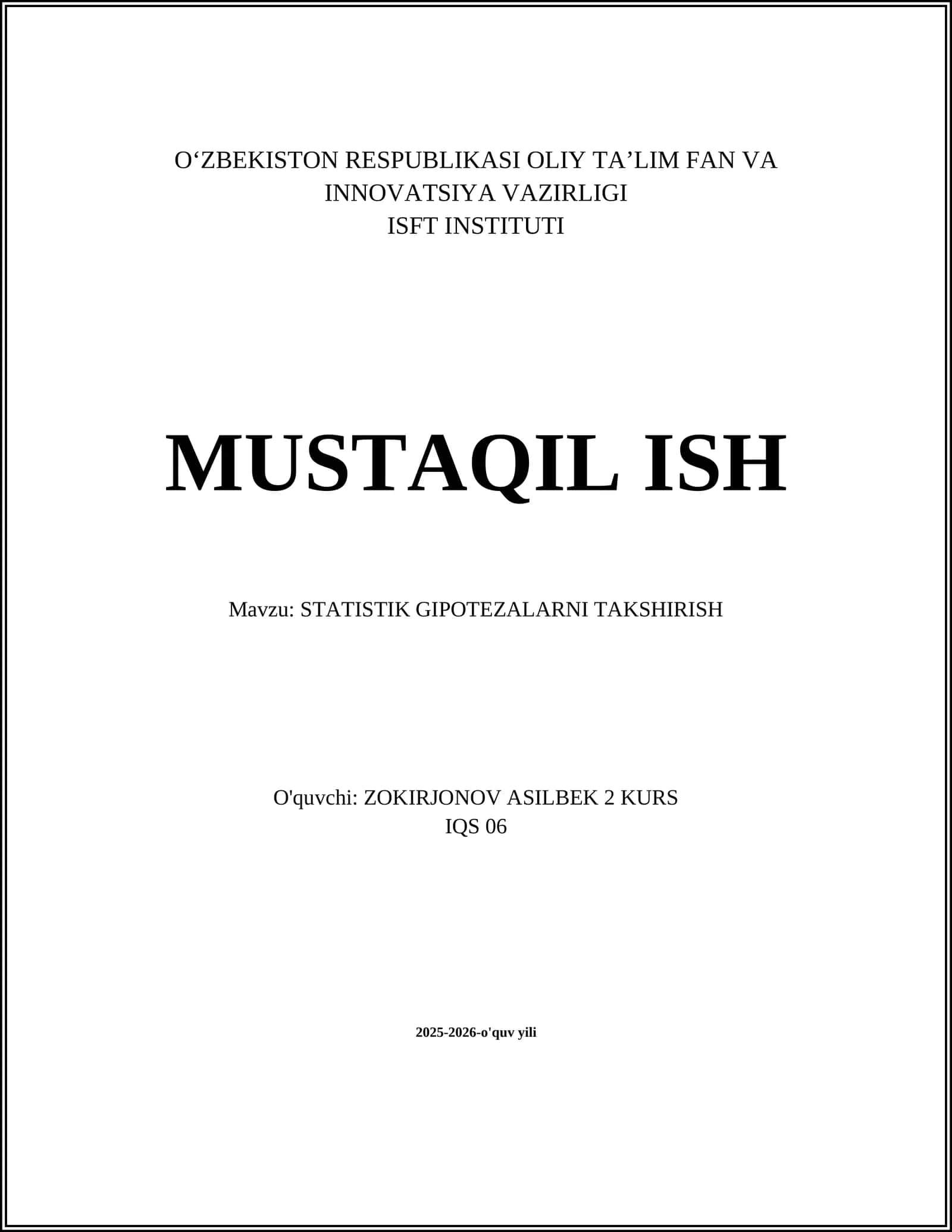 STATISTIK GIPOTEZALARNI TAKSHIRISH