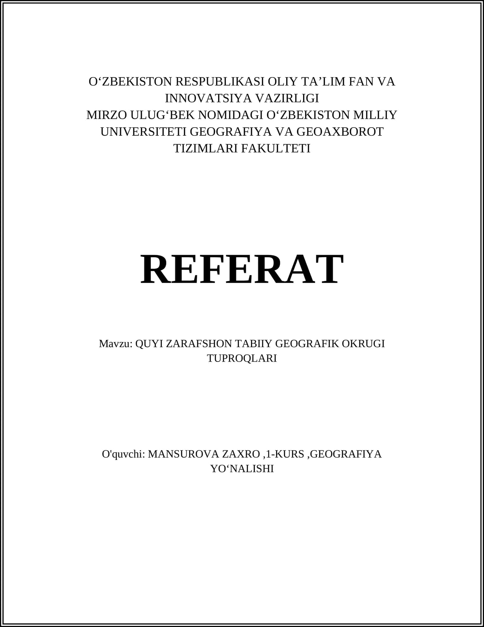 QUYI ZARAFSHON TABIIY GEOGRAFIK OKRUGI TUPROQLARI