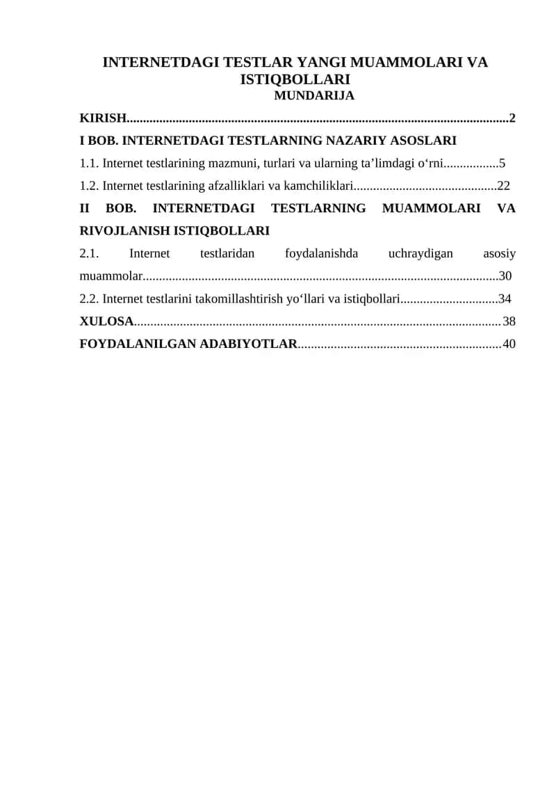 INTERNETDAGI TESTLAR YANGI MUAMMOLARI VA ISTIQBOLLARI