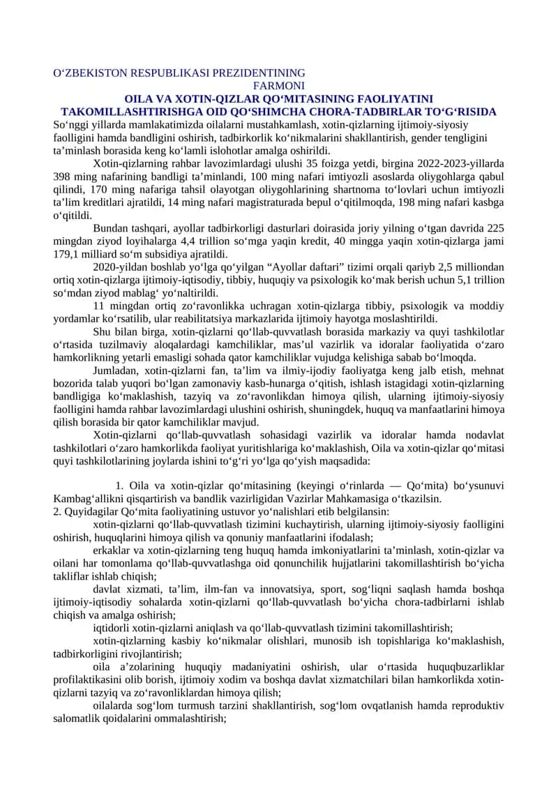OILA VA XOTIN-QIZLAR QO‘MITASINING FAOLIYATINI TAKOMILLASHTIRISHGA OID QO‘SHIMCHA CHORA-TADBIRLAR TO‘G‘RISIDA