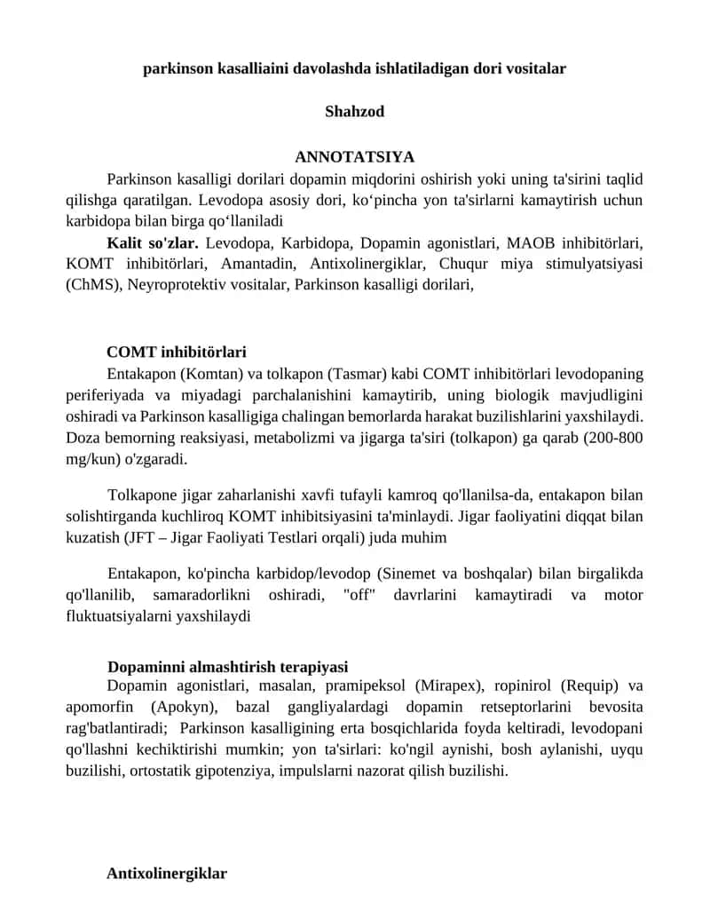 Parkinson kasalligi dorilari
