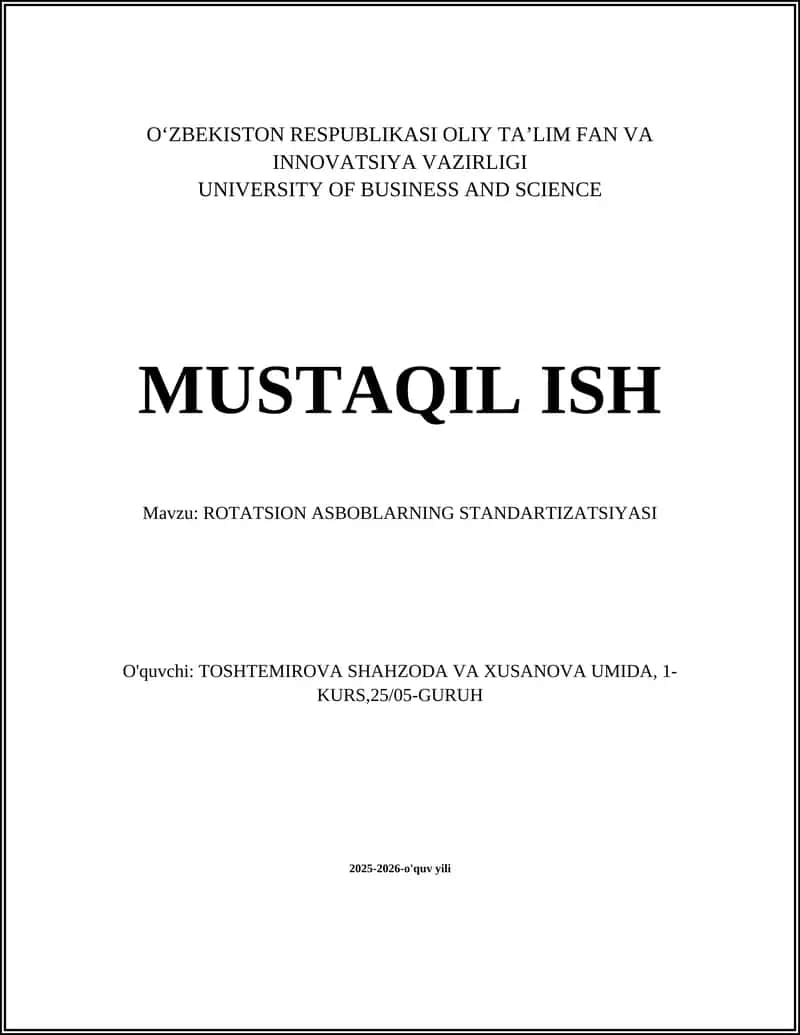 ROTATSION ASBOBLARNING STANDARTIZATSIYASI