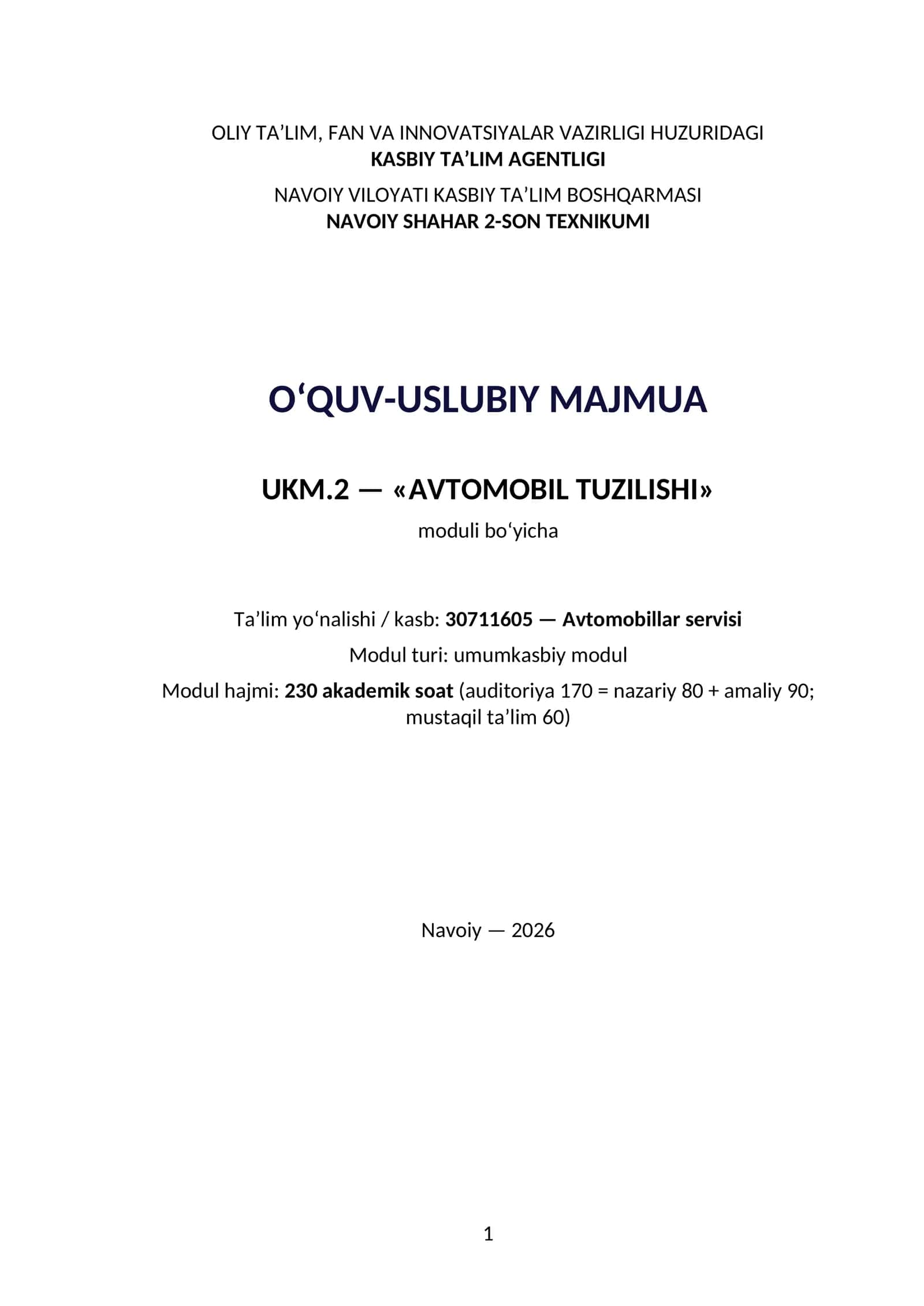 Avtomobil tuzulishi Modul 170 soat