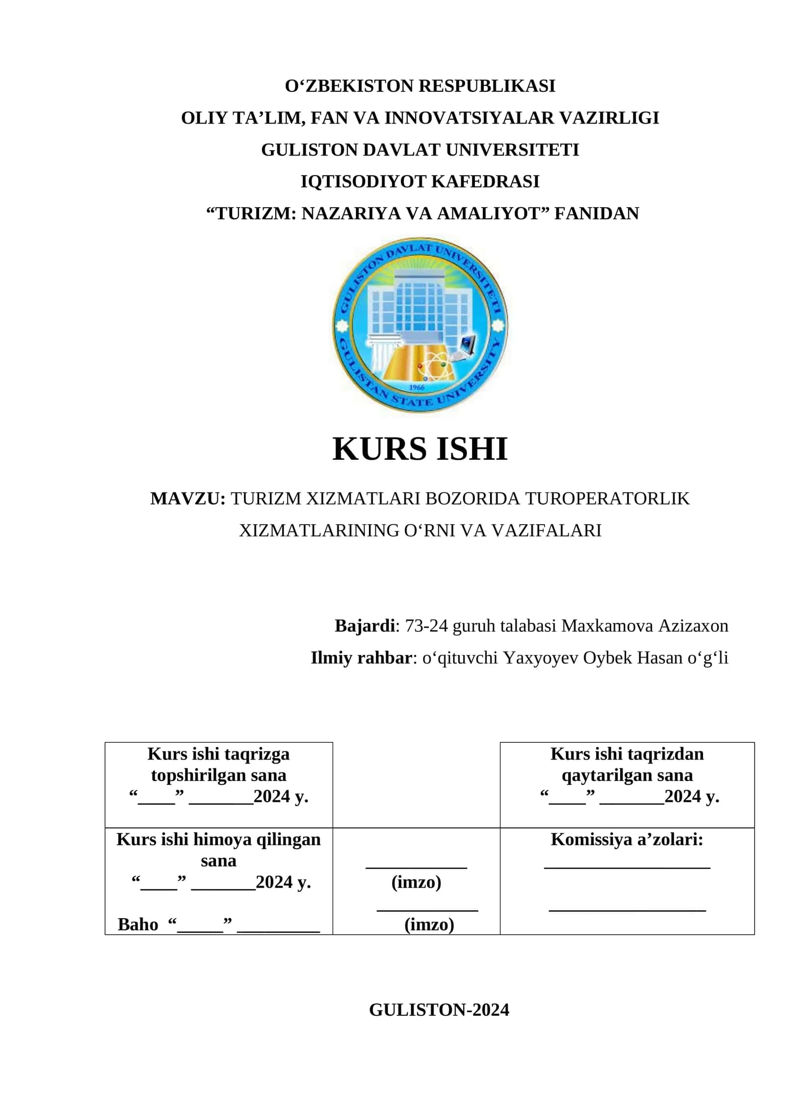 TURIZM XIZMATLARI BOZORIDA TUROPERATORLIK XIZMATLARINING O‘RNI VA VAZIFALARI