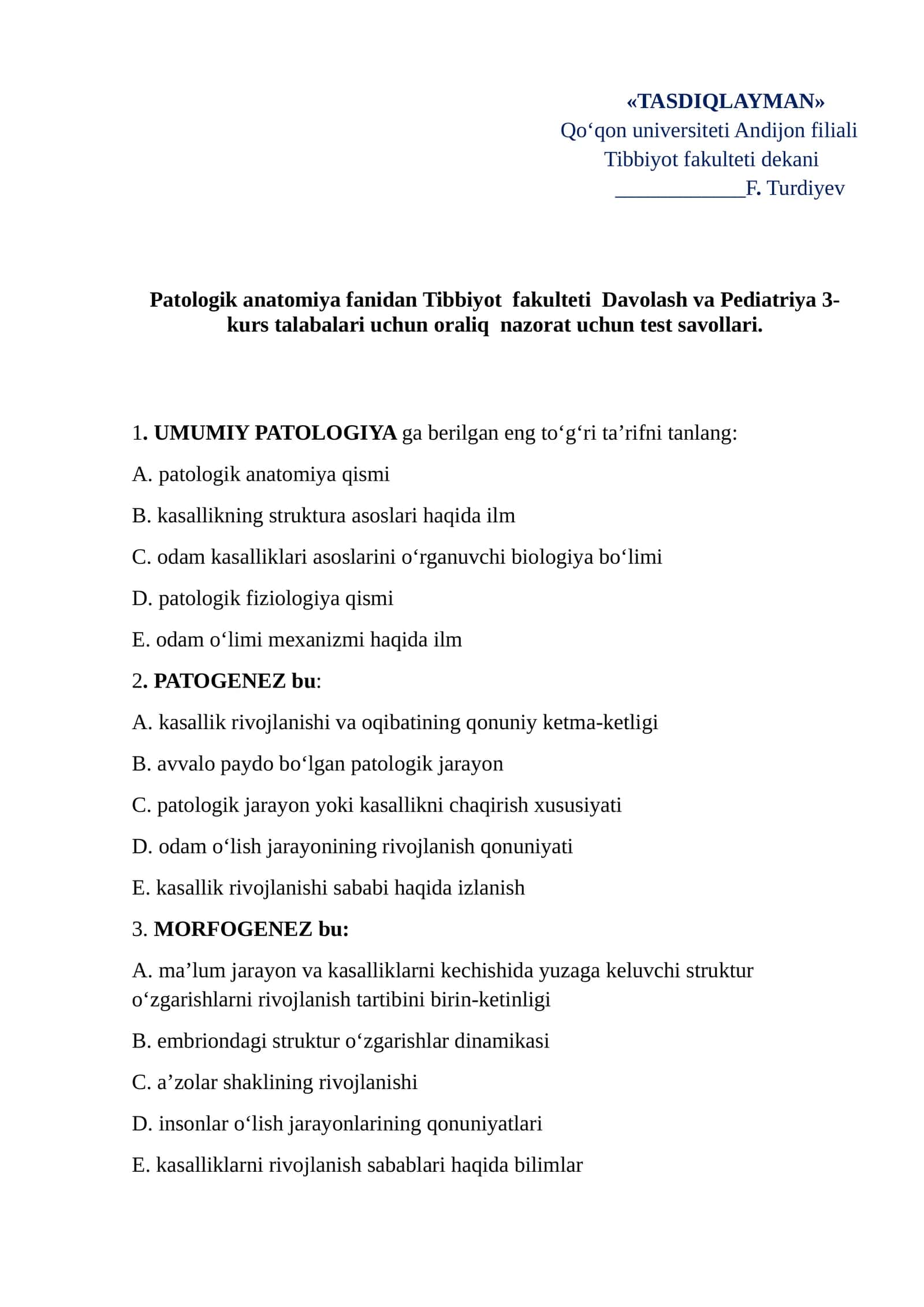 PATOLOGIK ANATOMIYA Test Savollari