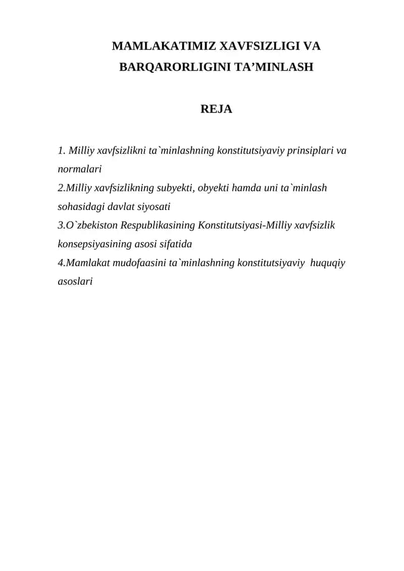 MAMLAKATIMIZ XAVFSIZLIGI VA BARQARORLIGINI TAʼMINLASH