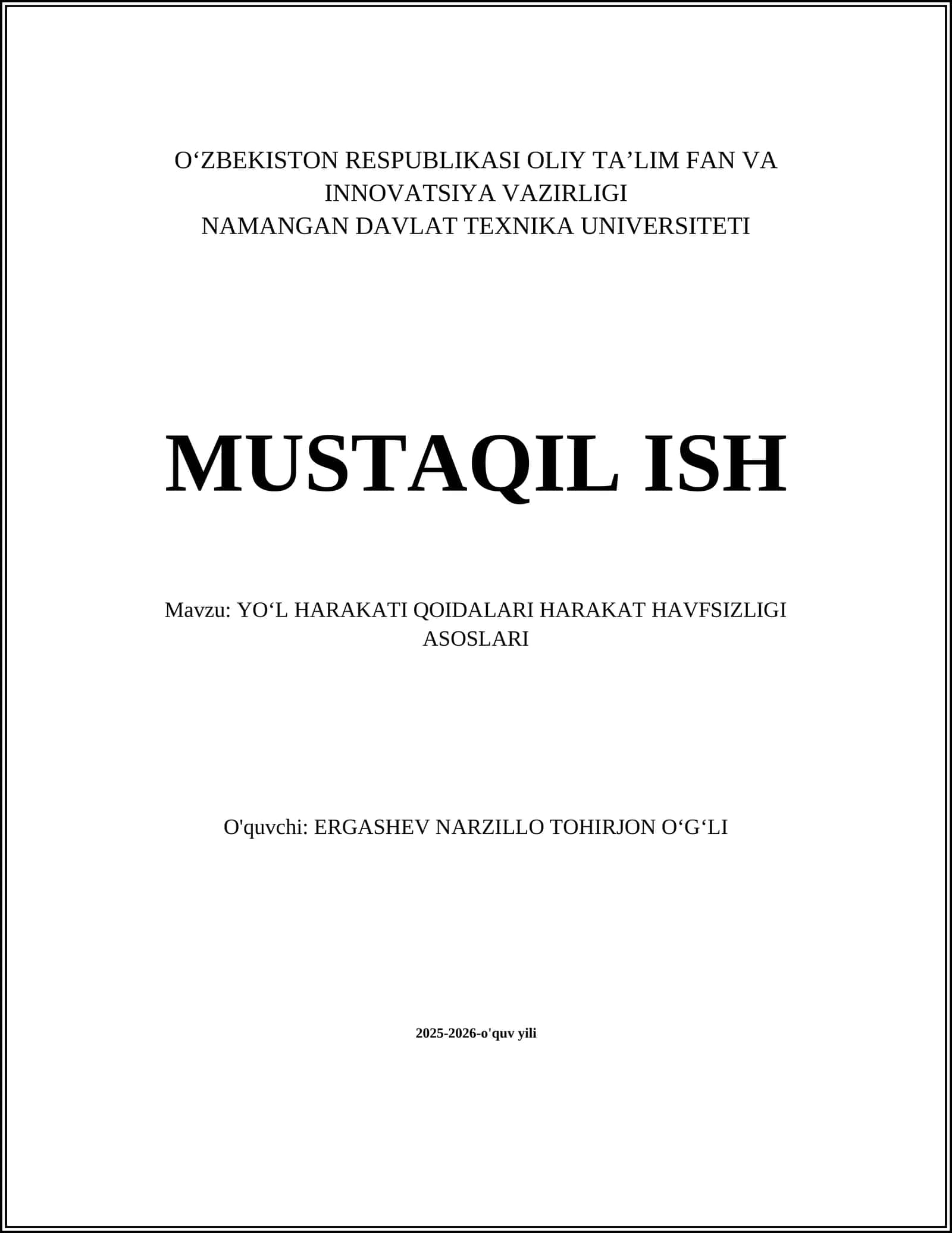 YOʻL HARAKATI QOIDALARI HARAKAT HAVFSIZLIGI ASOSLARI
