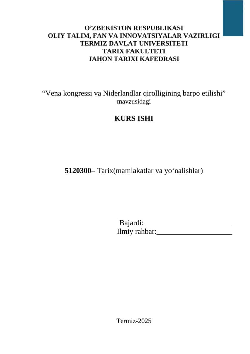 “Vena kongressi va Niderlandlar qirolligining barpo etilishi”