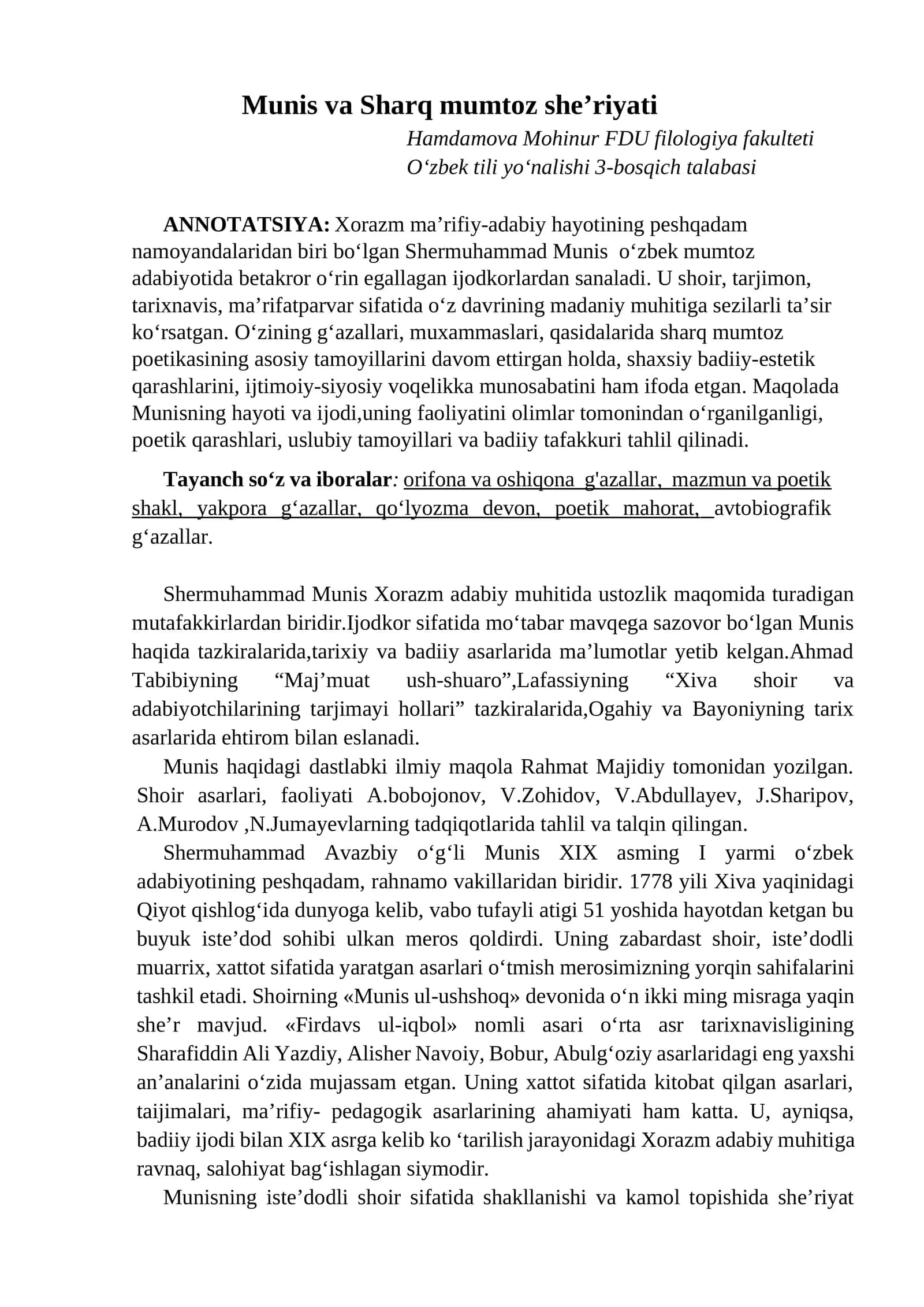 Munis va Sharq mumtoz she’riyati