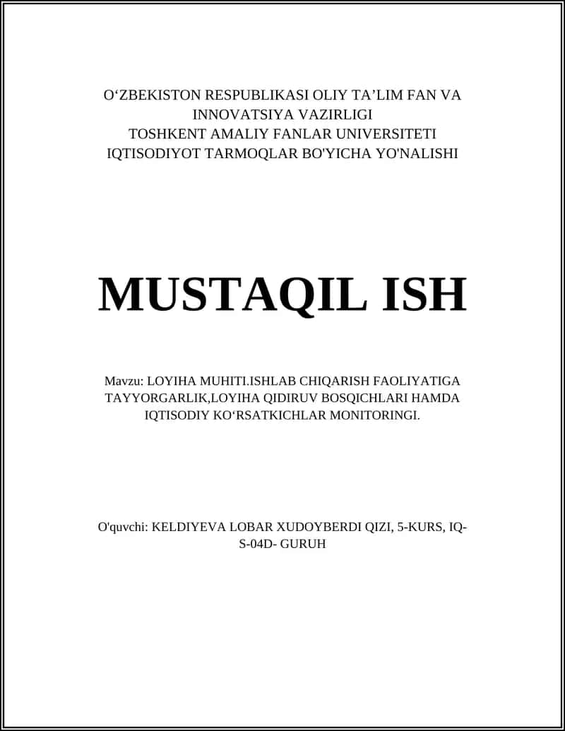 LOYIHA MUHITI.ISHLAB CHIQARISH FAOLIYATIGA TAYYORGARLIK