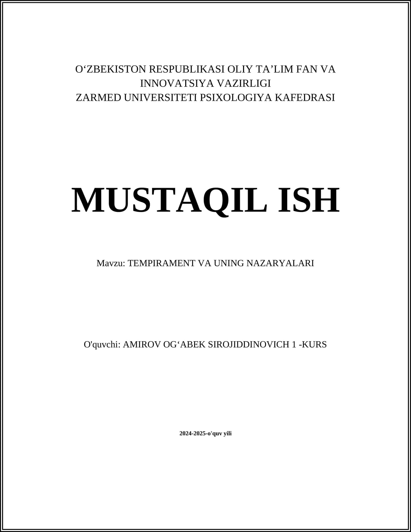 TEMPERAMENT VA UNING NAZARYALARI