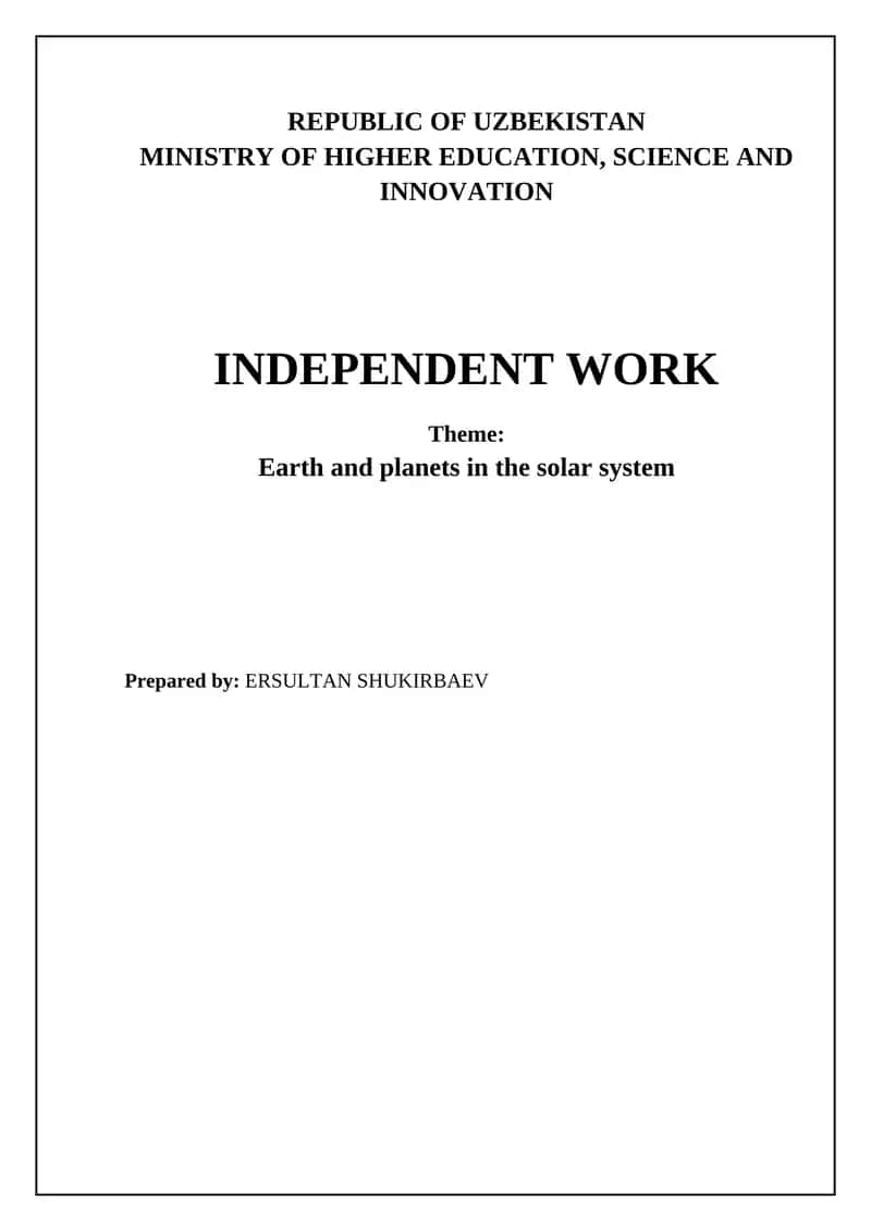 Independent Work: Earth and planets in the solar system