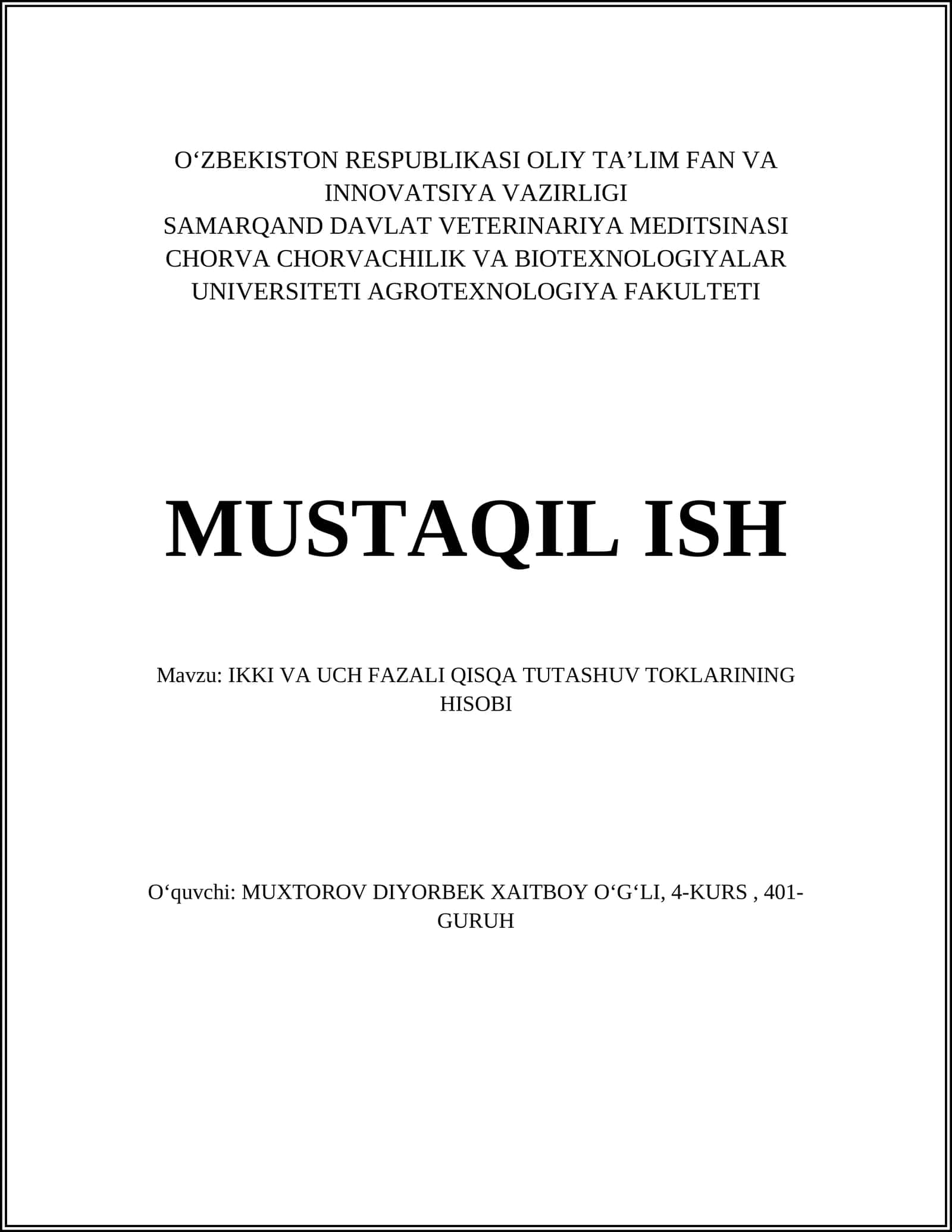 IKKI VA UCH FAZALI QISQA TUTASHUV TOKLARINING HISOBI