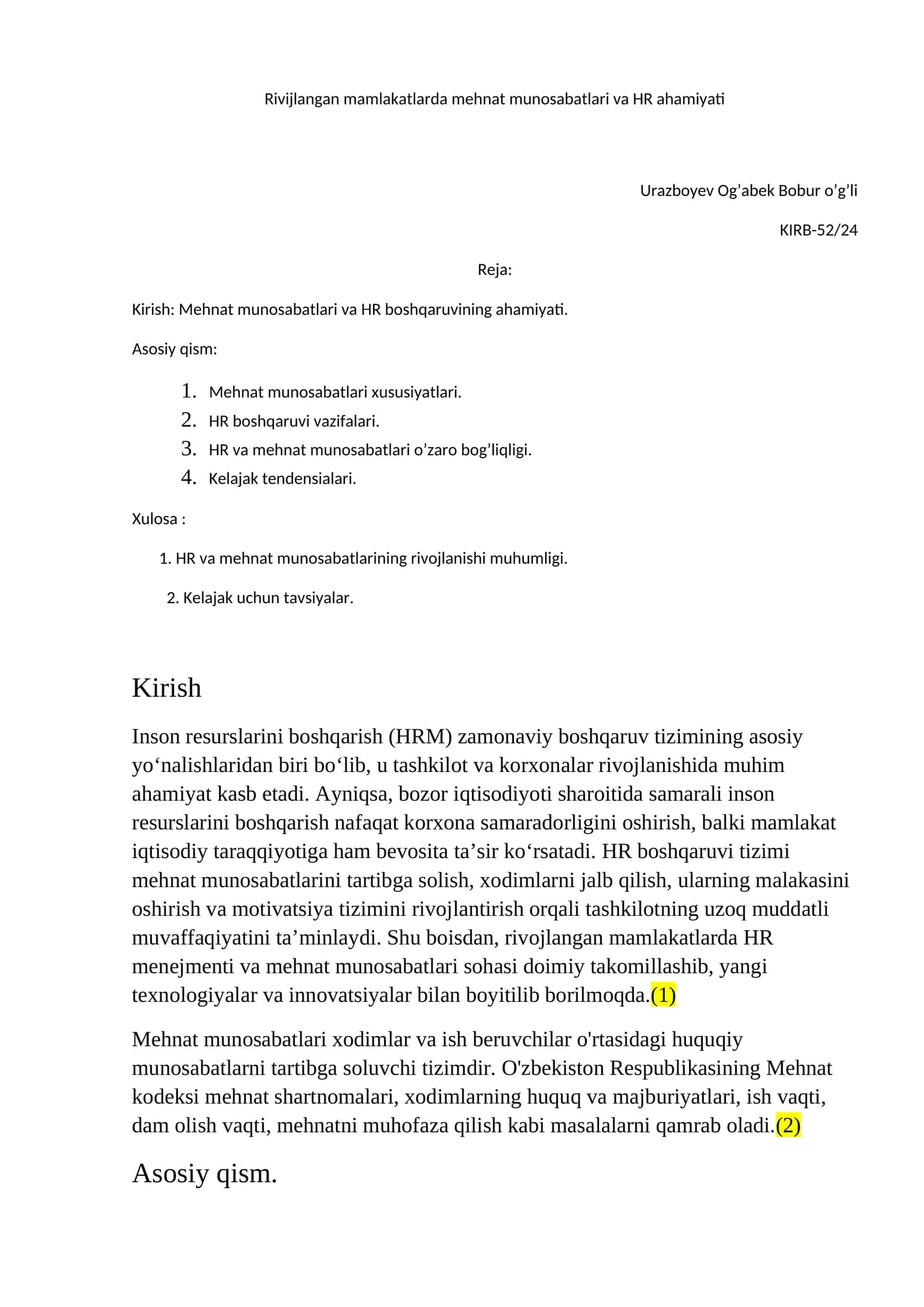 Mehnat munosabatlari va HR ahamiyati