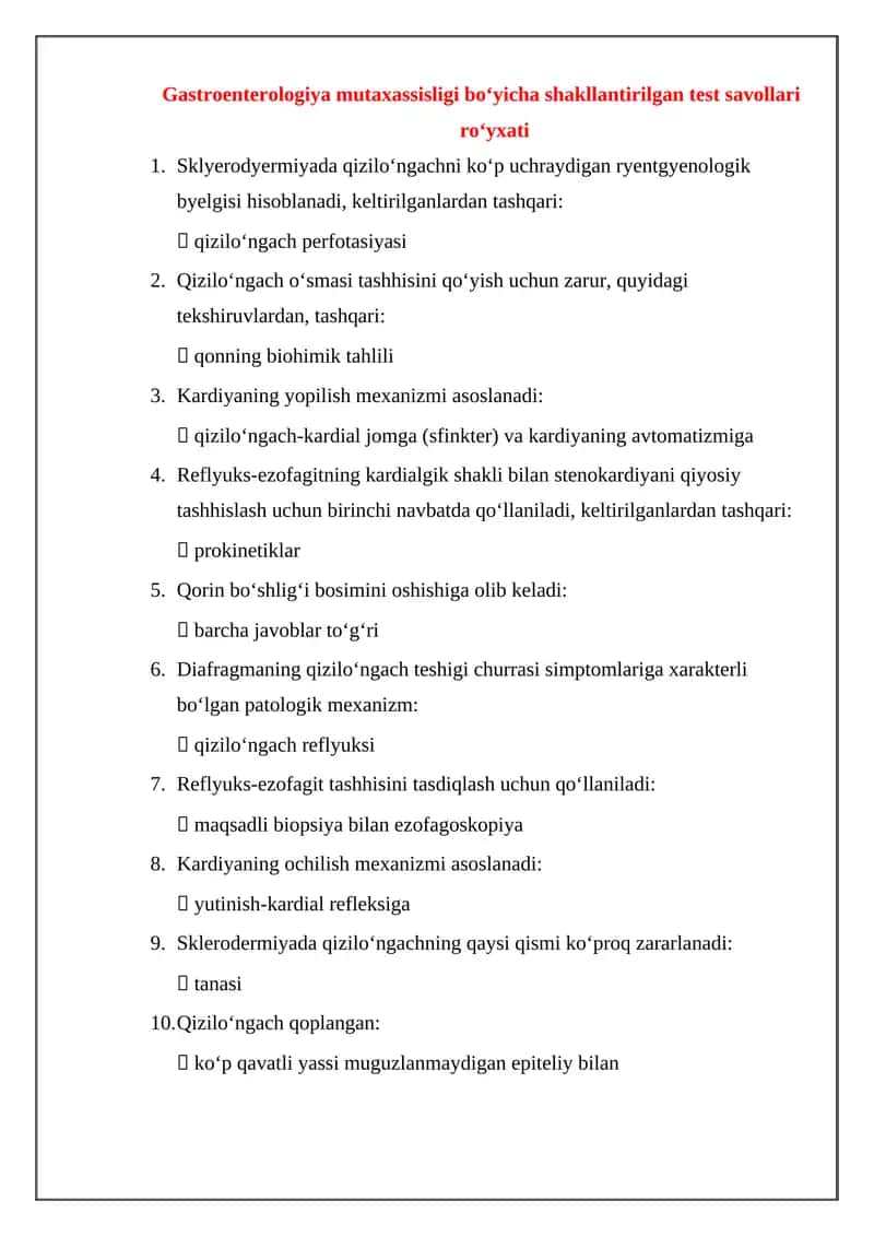 Gastroenterologiya mutaxassisligi boʻyicha shakllantirilgan test savollari roʻyxati