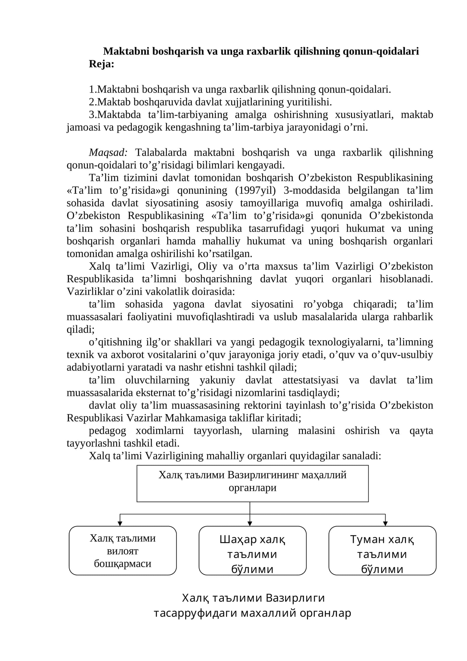 Maktabni boshqarish va unga raxbarlik qilishning qonun-qoidalari