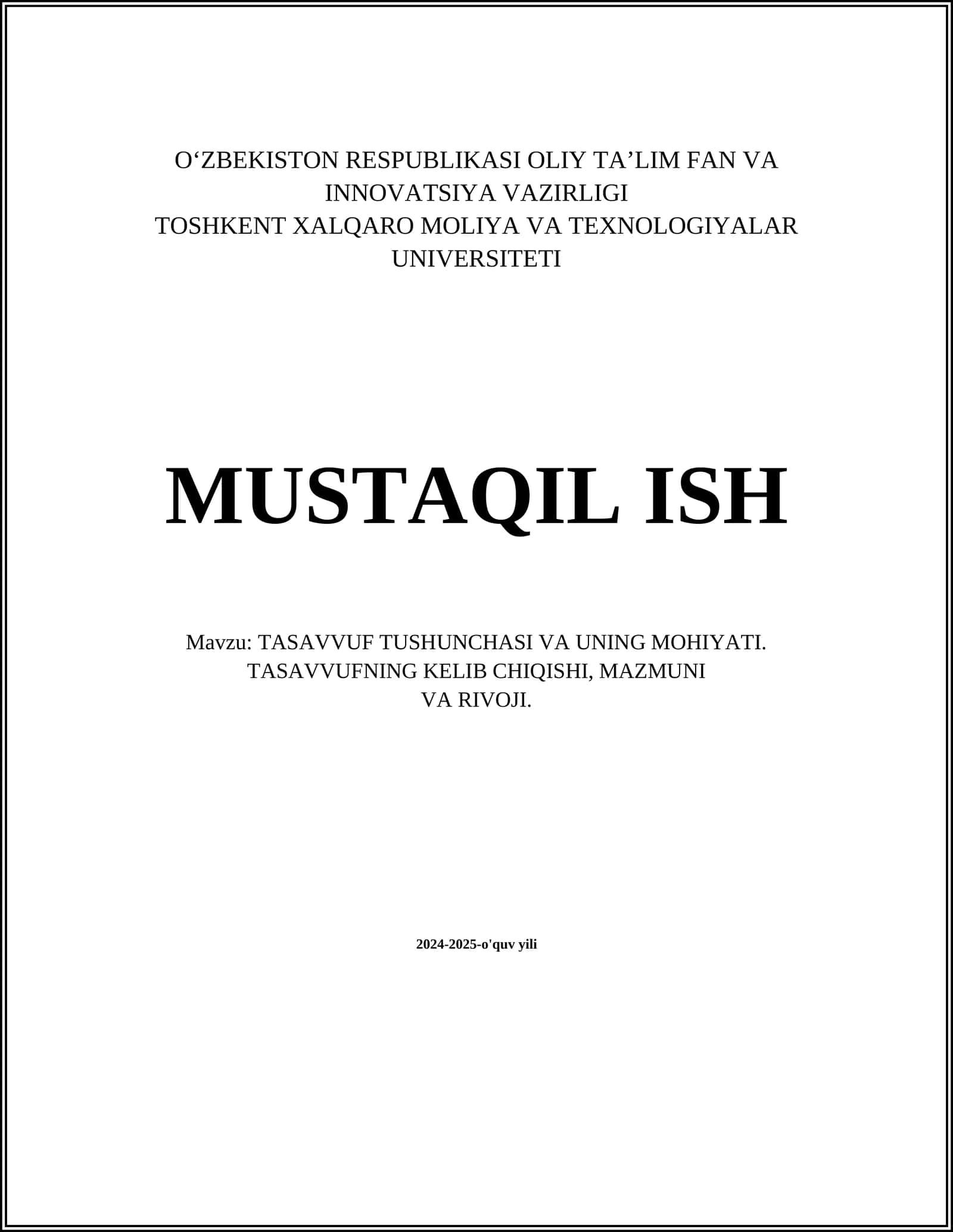 TASAVVUF TUSHUNCHASI VA UNING MOHIYATI