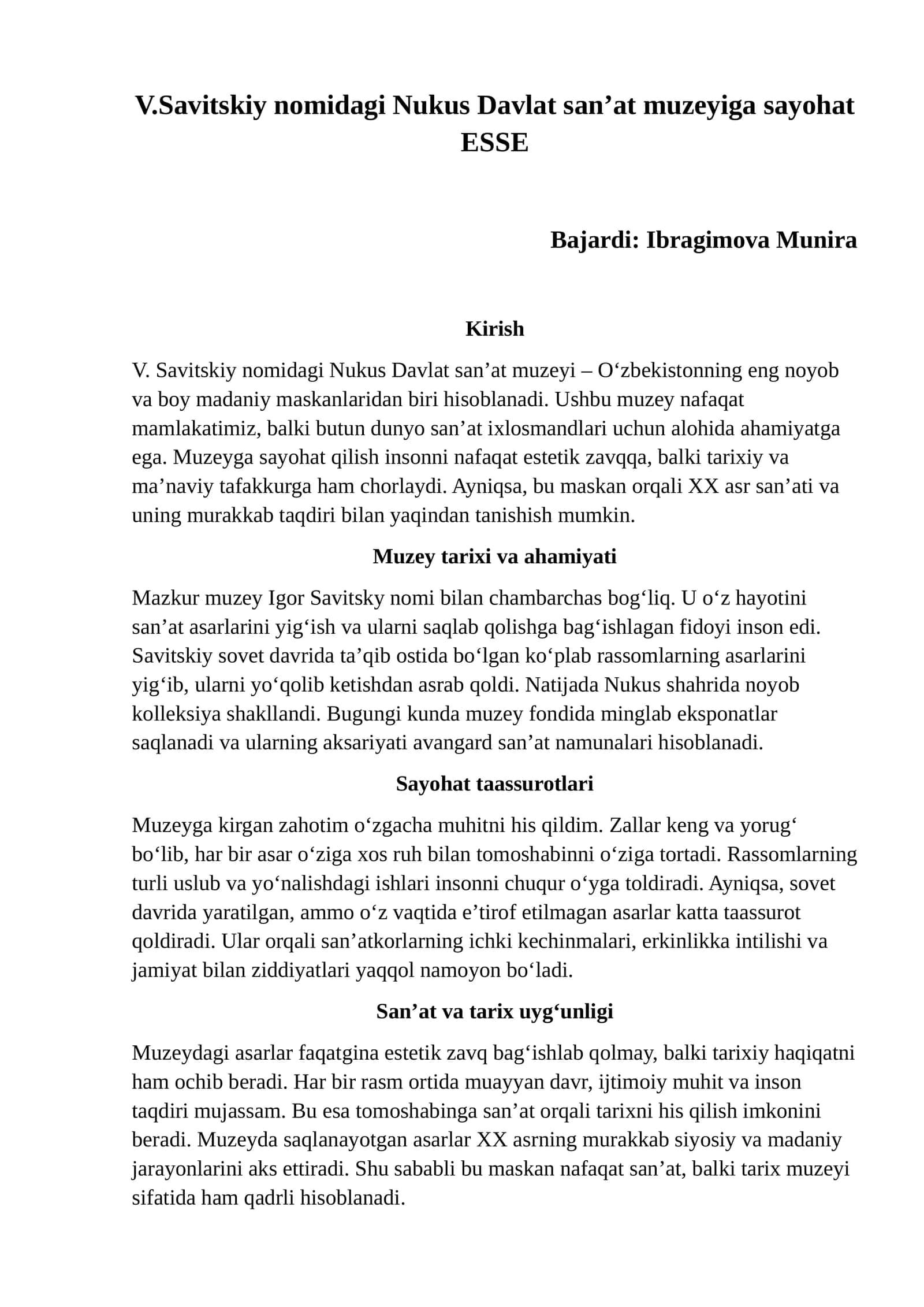 V.Savitskiy nomidagi Nukus Davlat san’at muzeyiga sayohat ESSE