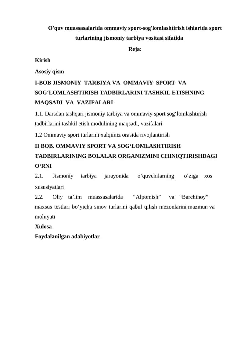 Ommaviy sport va jismoniy tarbiya nazorat ishlari