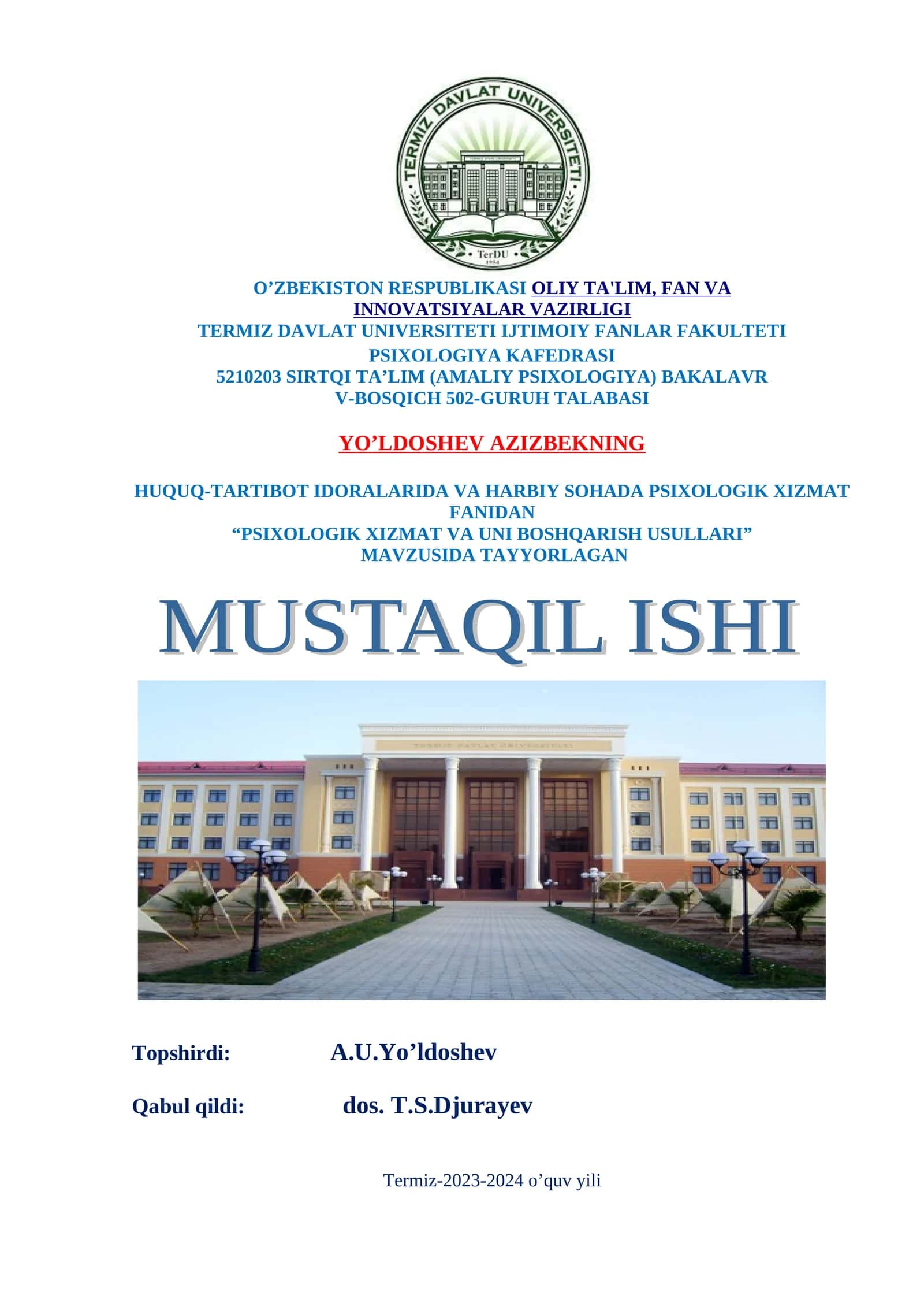 PSIXOLOGIK XIZMAT VA UNI BOSHQARISH USULLARI