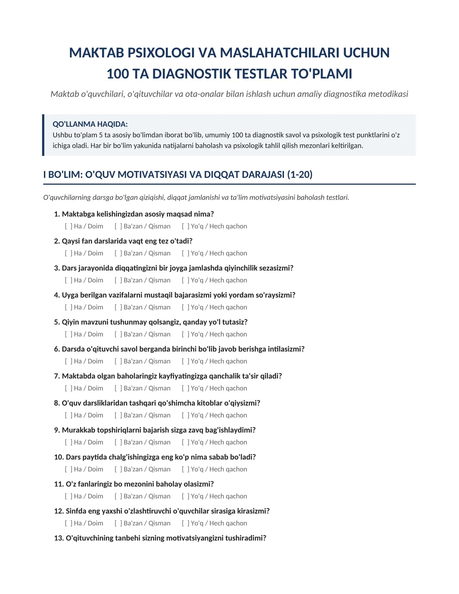 Maktab maslahatchisi 100ta test