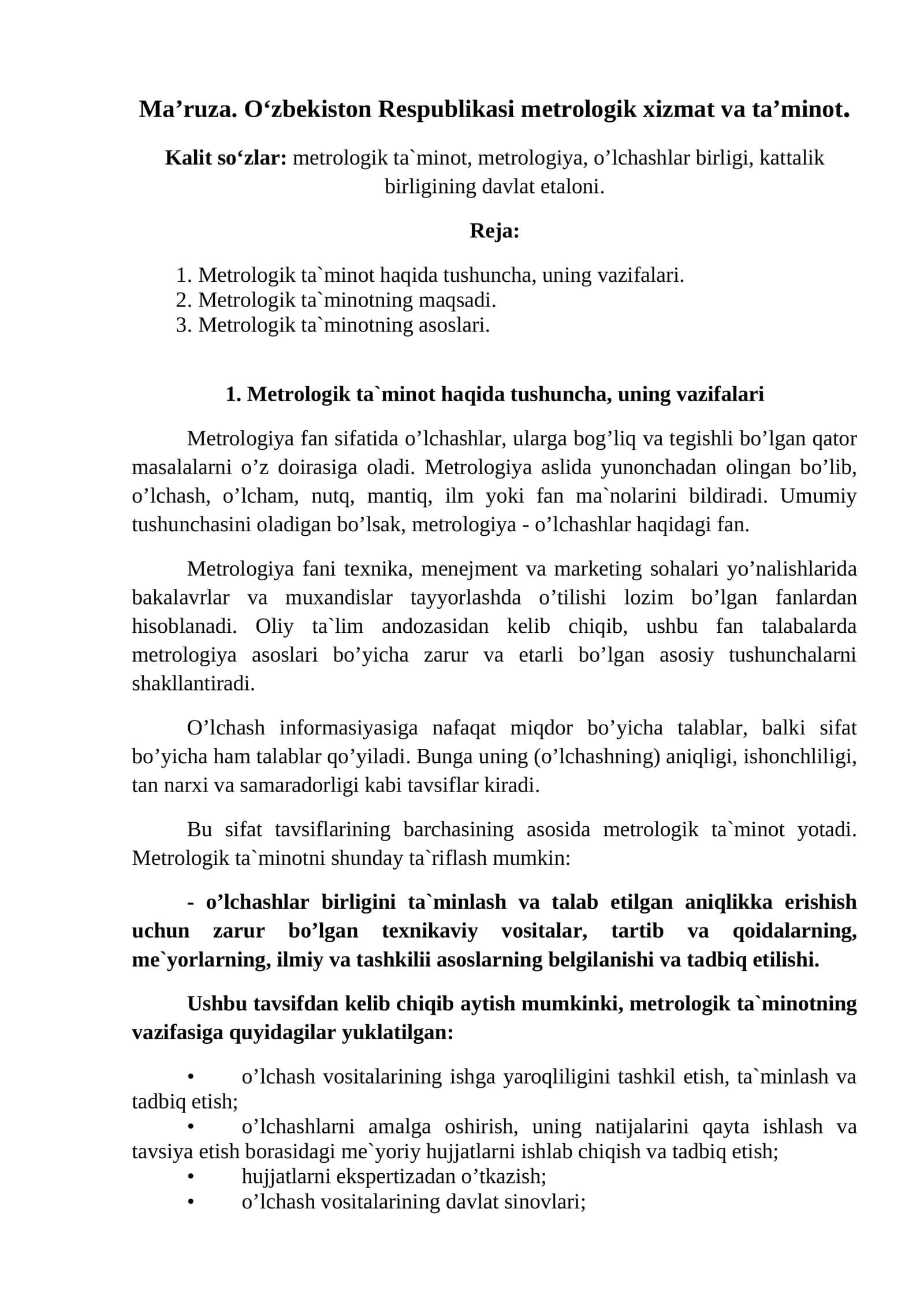 Mа’ruzа. O‘zbekiston Respublikasi metrologik xizmat va ta’minot