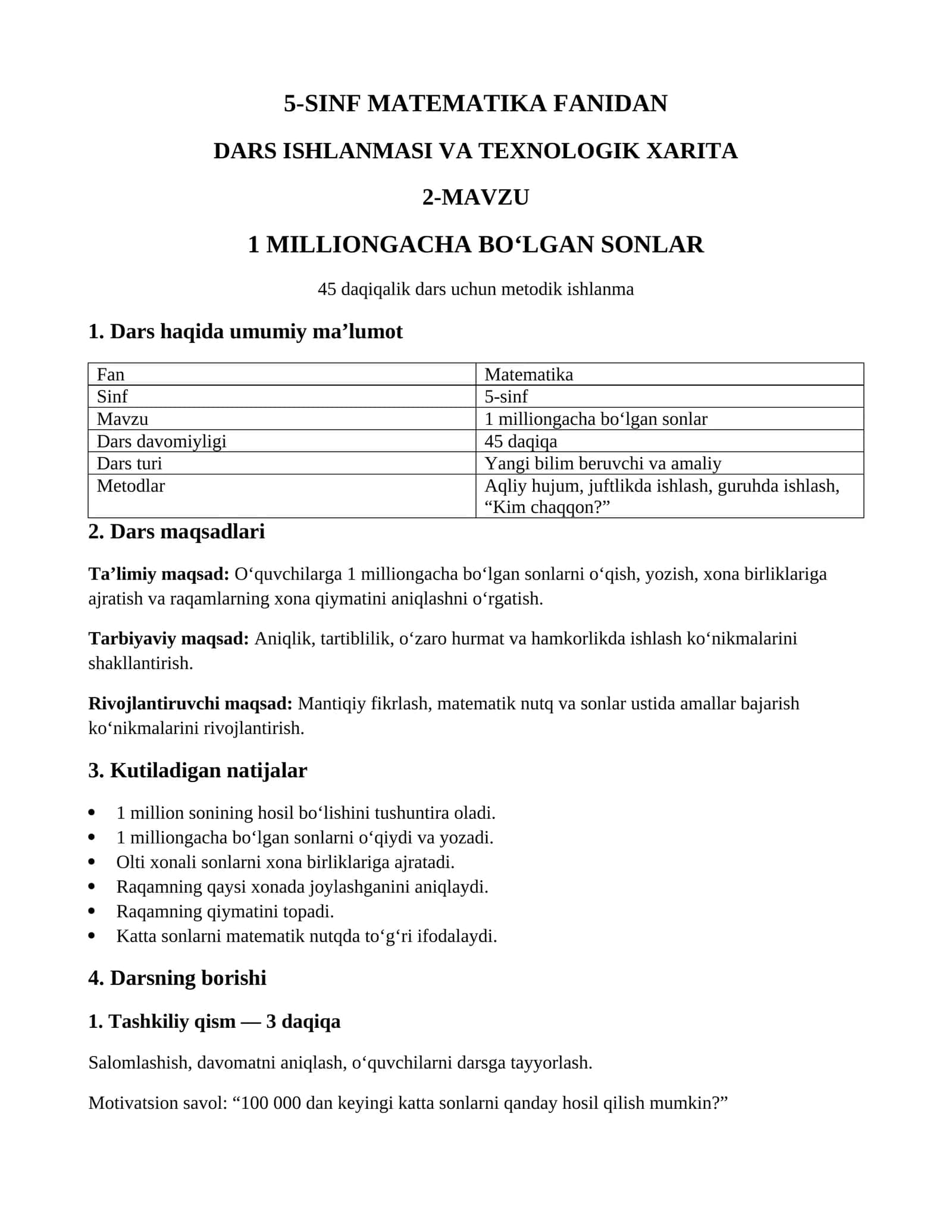 MATEMATIKA FANIDAN DARS ISHLANMASI VA TEXNOLOGIK XARITA