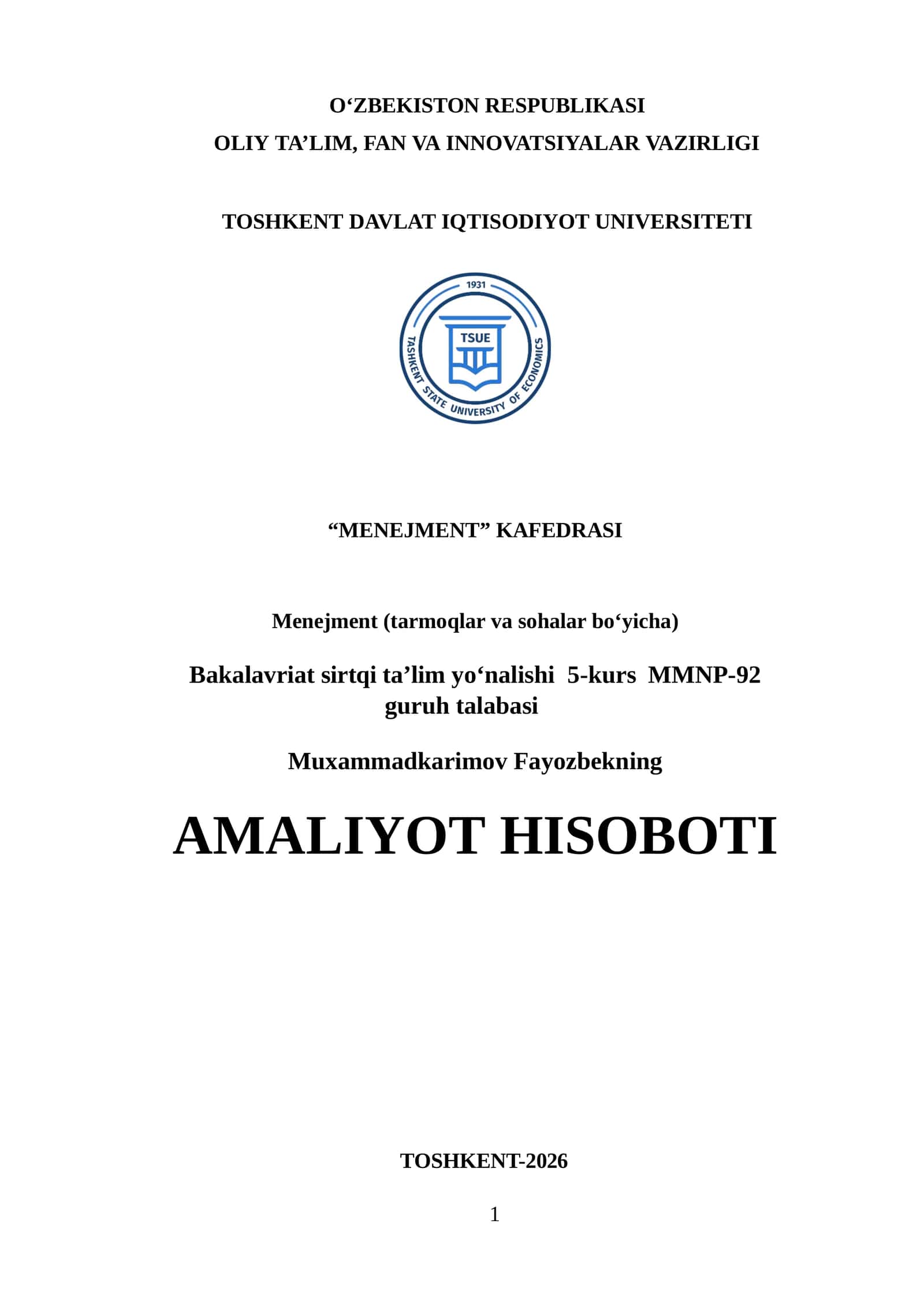 AMALIYOT HISOBOTI. LOGISTIKA FAOLIYAT BOʻYICHA