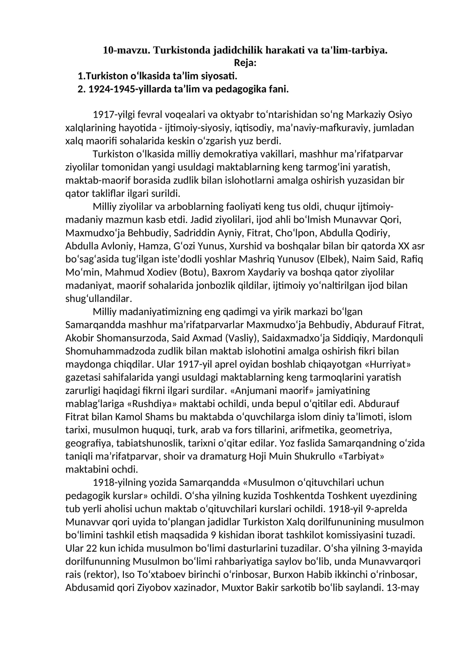 Turkistonda jadidchilik harakati va ta'lim-tarbiya