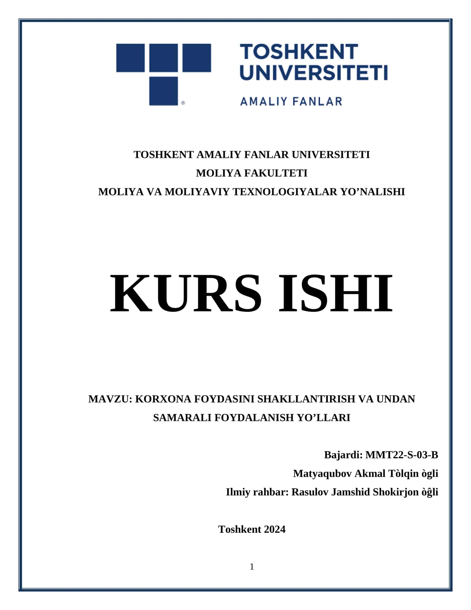 Kurs ishi: Korxona Foydasini Shakllantirish va Undan Samarali Foydalanish Yo'llari