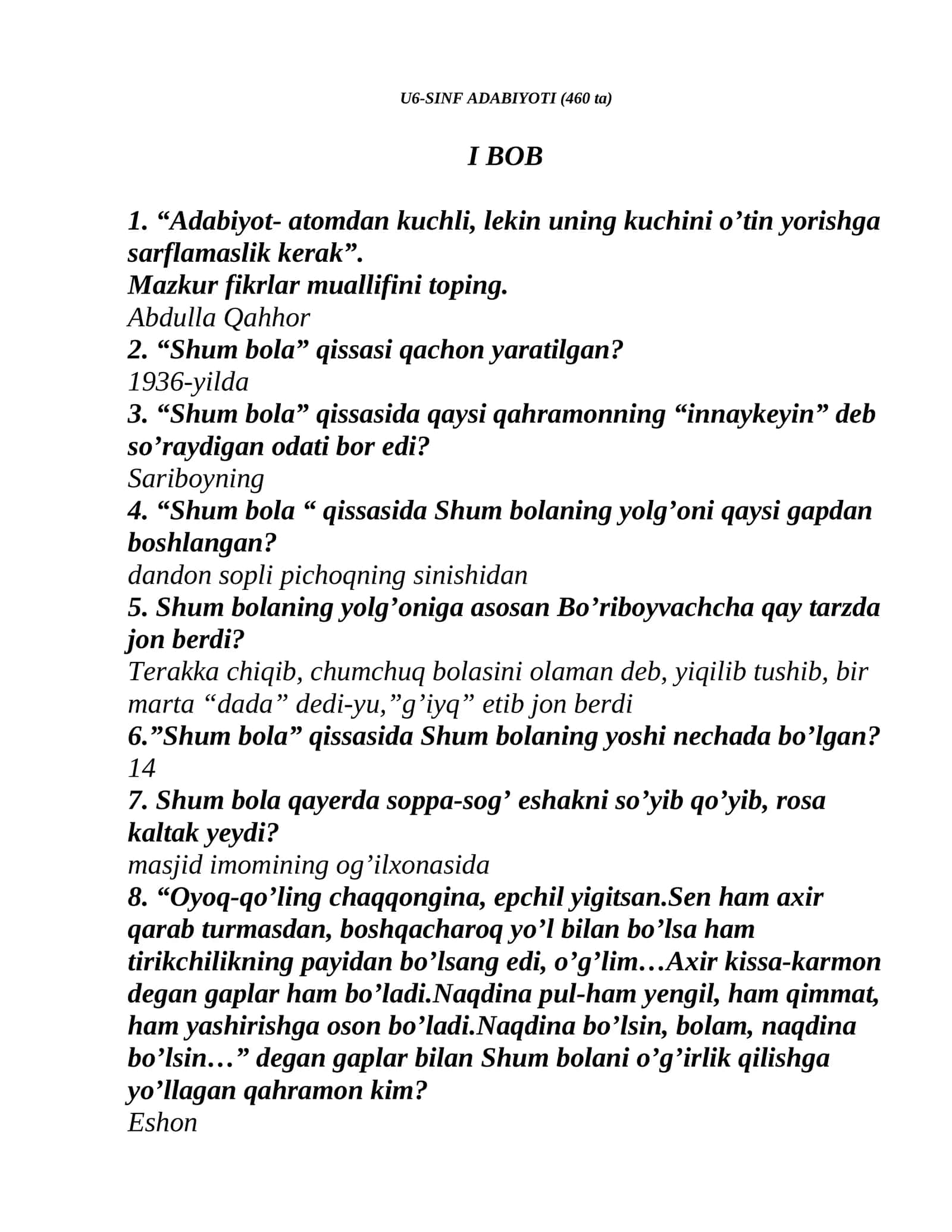 U6-SINF ADABIYOTI (460 ta) savollar+javoblar