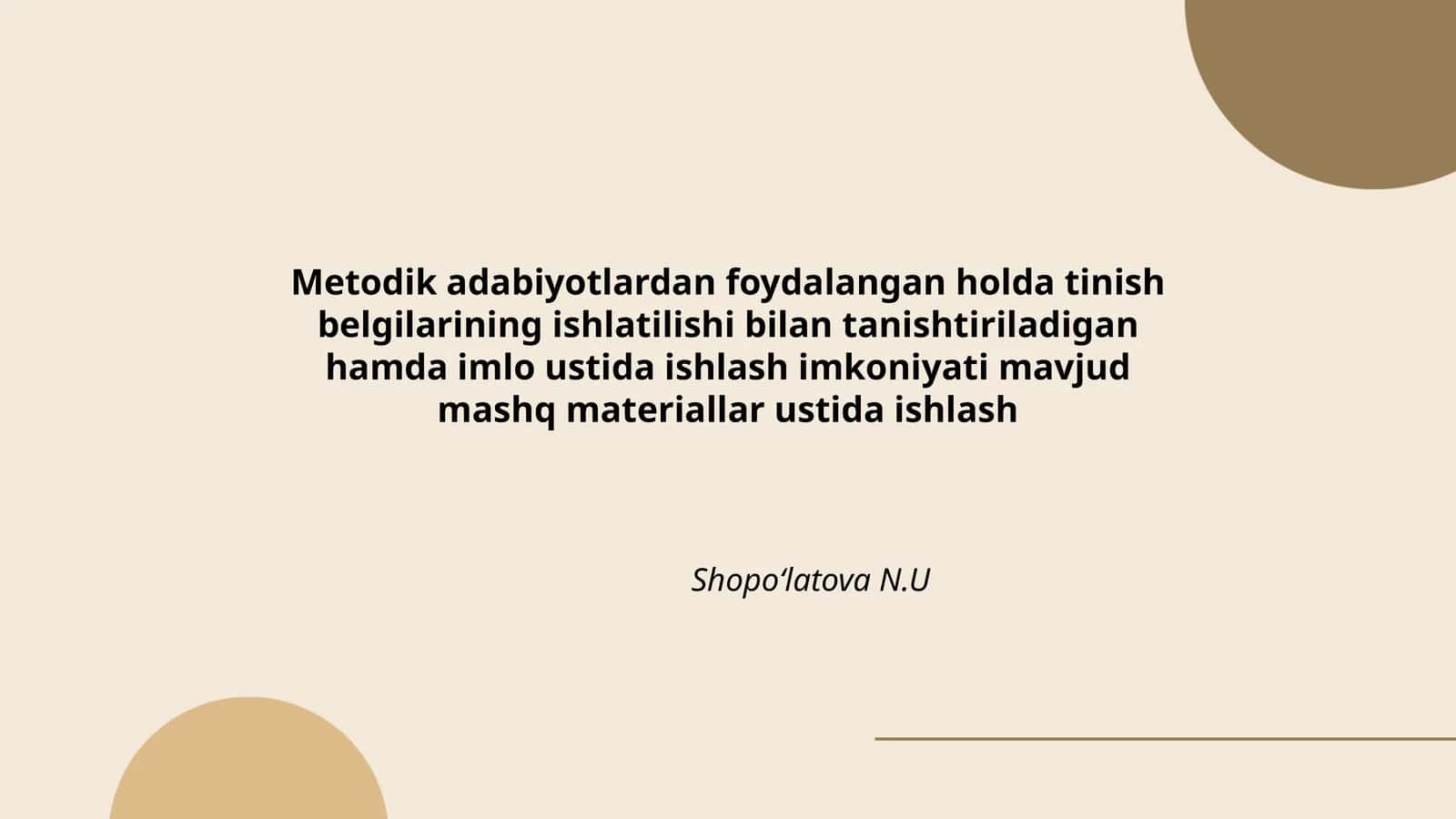 Metodik adabiyotlardan foydalangan holda tinish belgilarining ishlatilishi bilan tanishtiriladigan hamda imlo ustida ishlash imkoniyati mavjud mashq materiallar ustida ishlash