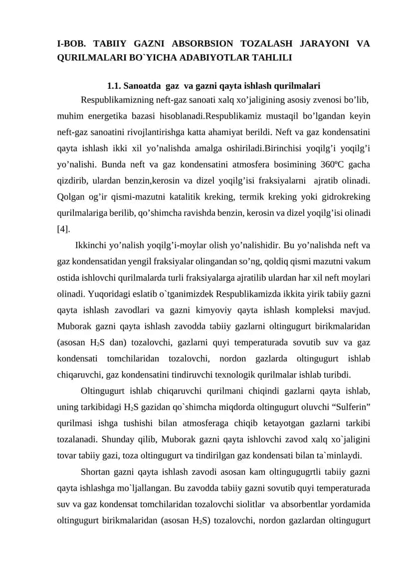 Gazni absorbsion tozalash jarayoni va qurilmalari bo`yicha adabiyotlar tahlili