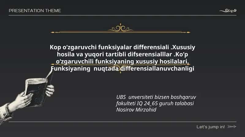 Kop oʻzgaruvchi funksiyalar differensiali.Xususiy hosila va yuqori tartibli difserensialllar.Koʻp oʻzgaruvchili funksiyaning xususiy hosilalari. Funksiyaning nuqtada differensiallanuvchanligi